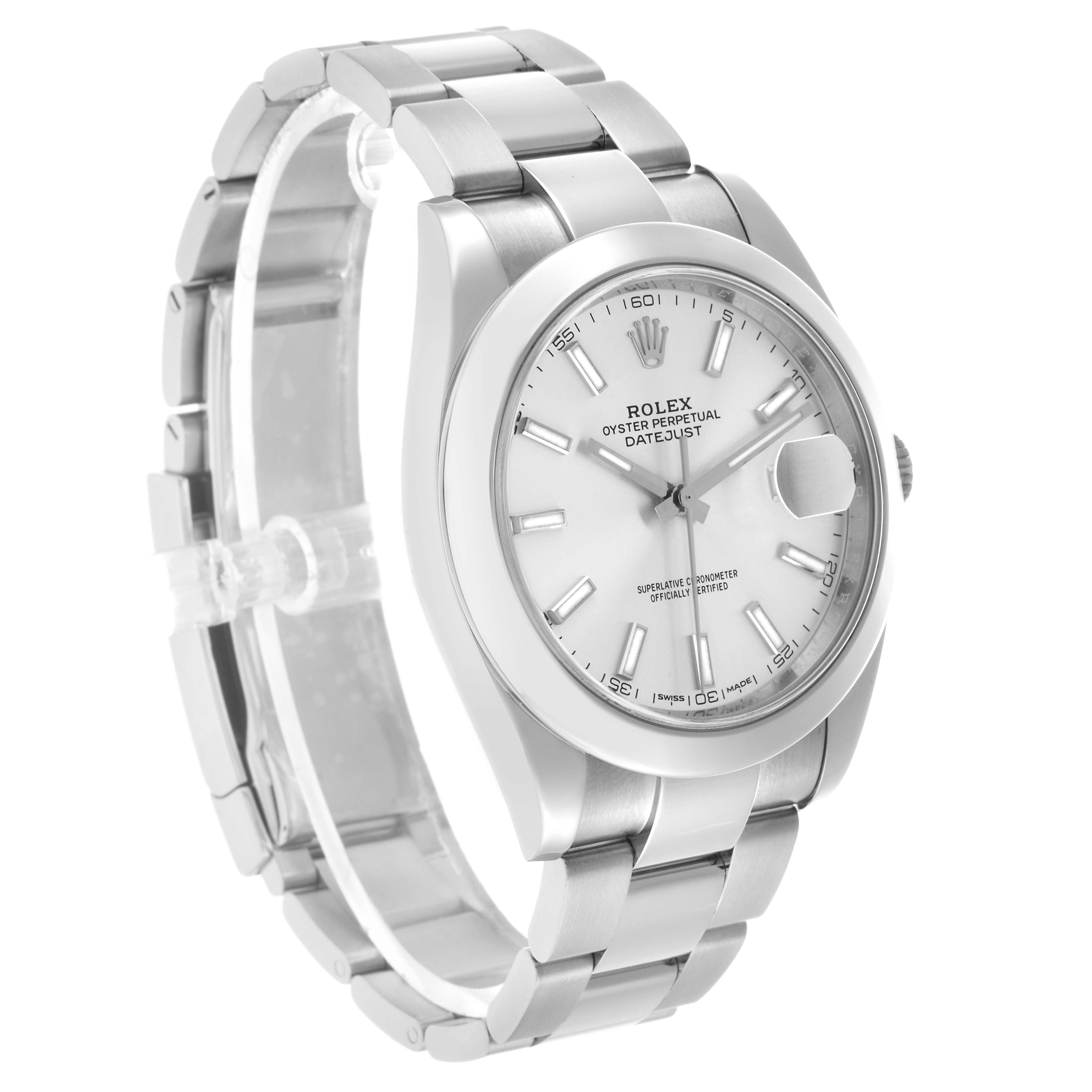 The Rolex Datejust 41 126300 Men's Stainless Steel Silver Dial is shown at a three-quarter angle, highlighting the bracelet, case, and dial features.