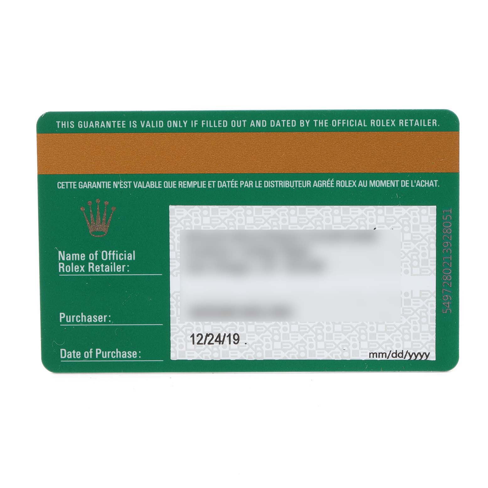 The image shows the warranty card of a Rolex Datejust 41 126303 Men's Steel and Gold (two tone) Black Dial 126303 Men's Steel and Gold (two tone) Black Dial watch at a top-down angle.