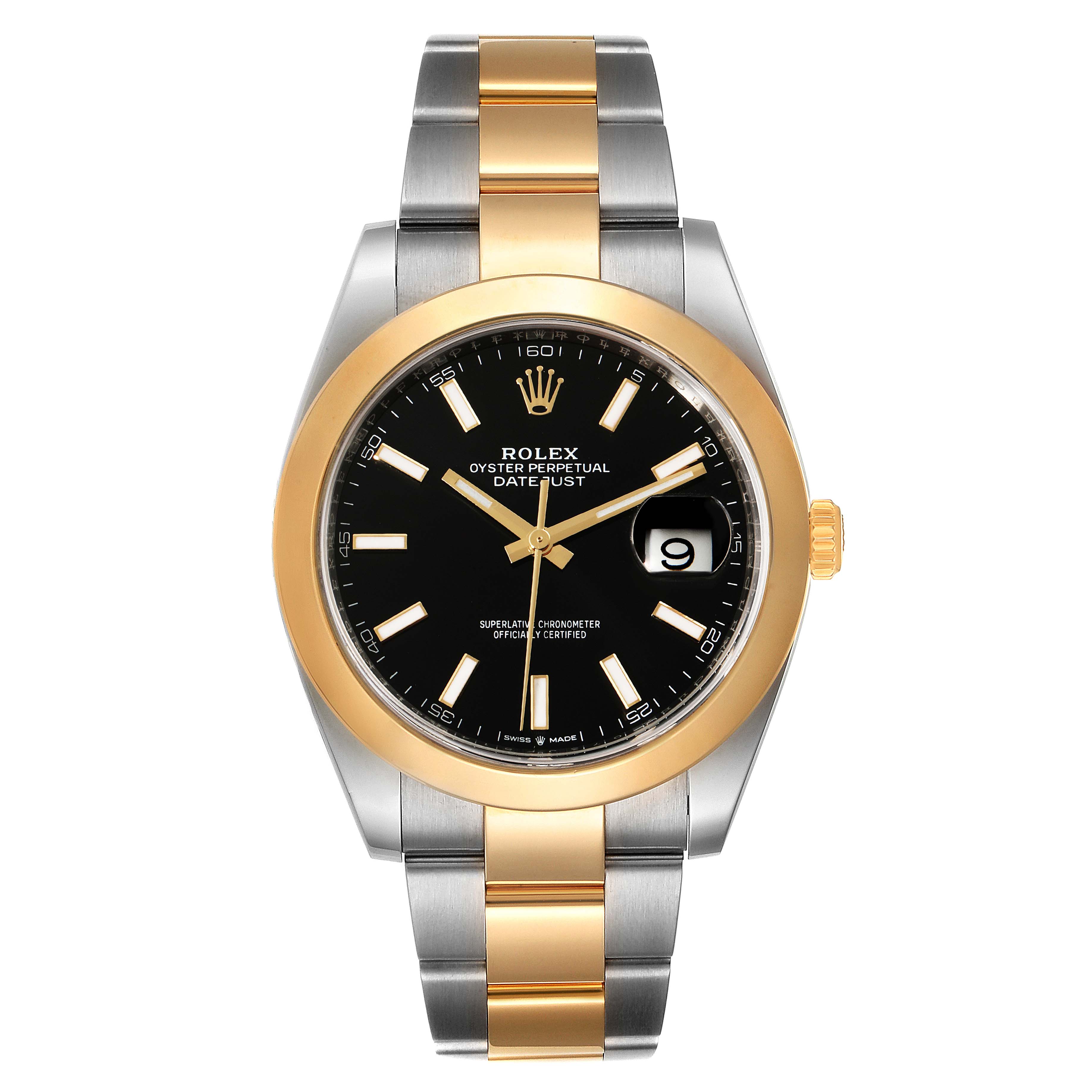 The image shows a front view of a Rolex Datejust 41 126303 Men's Steel and Gold (two tone) Black Dial 126303 Men's Steel and Gold (two tone) Black Dial, highlighting its gold and stainless steel bracelet and black dial with a date display.