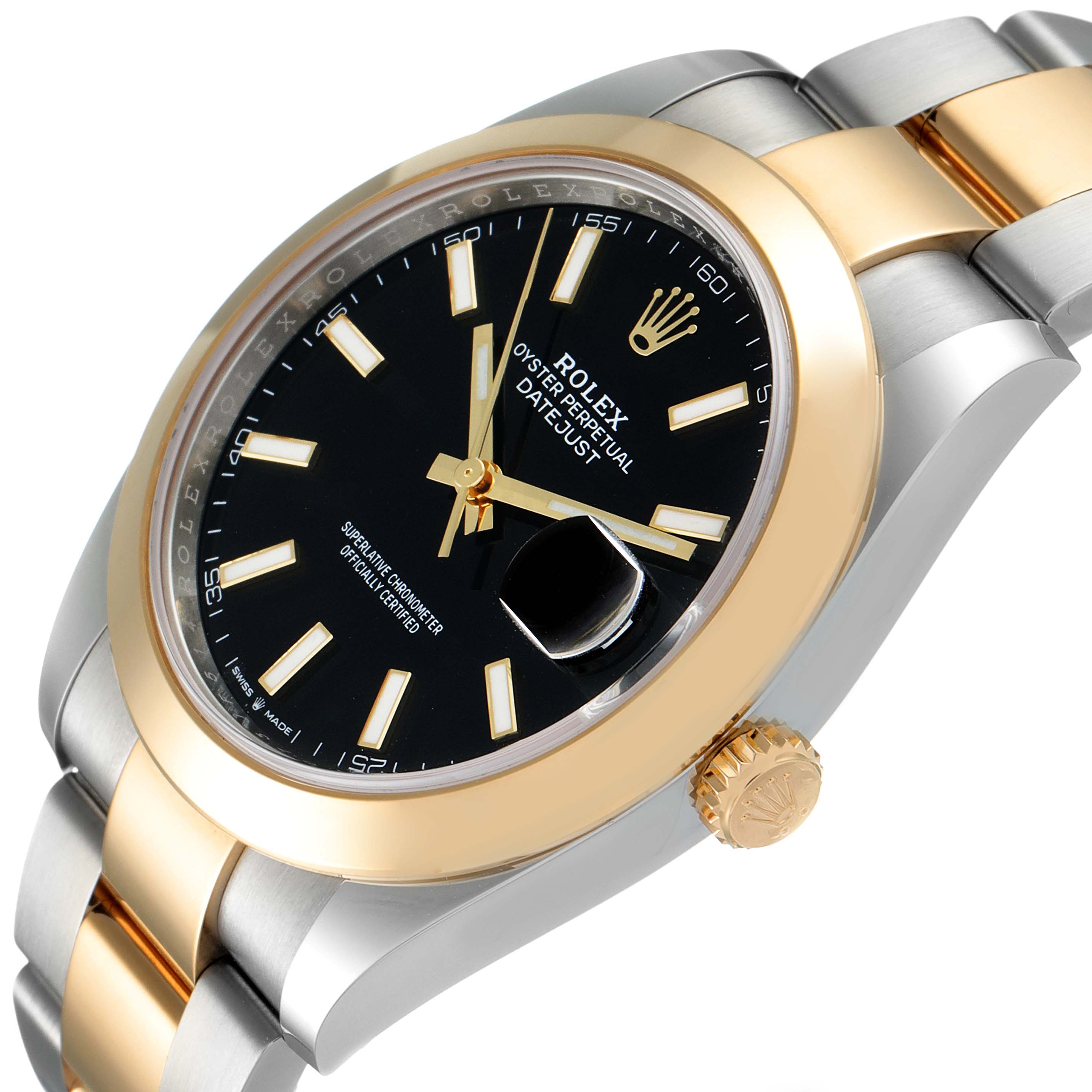 This image shows a close-up side angle of the Rolex Datejust 41 126303 Men's Steel and Gold (two tone) Black Dial 126303 Men's Steel and Gold (two tone) Black Dial, highlighting the dial, bezel, crown, and bracelet.
