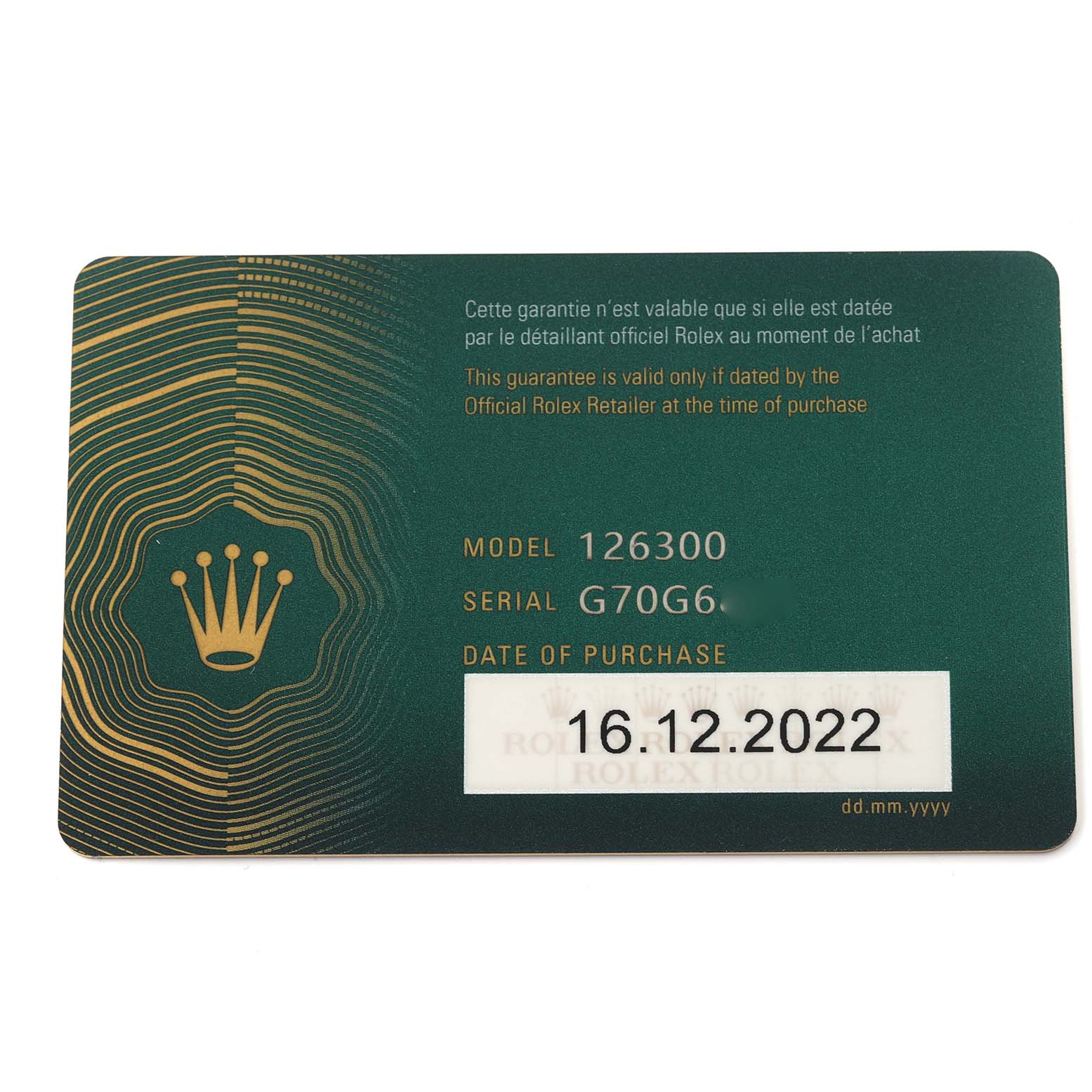 The image shows a warranty card for the Rolex Datejust 41 126300 Men's Stainless Steel White Dial 126300 Men's Stainless Steel White Dial, model 126300, with purchase details.
