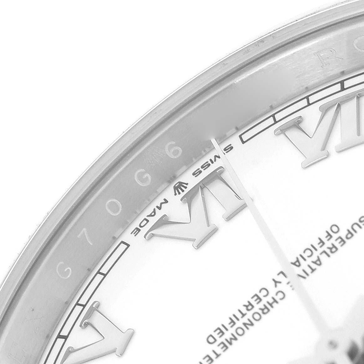 The image shows a close-up of the dial and bezel of the Rolex Datejust 41 126300 Men's Stainless Steel White Dial 126300 Men's Stainless Steel White Dial, focusing on the Roman numeral hour markers and text details.