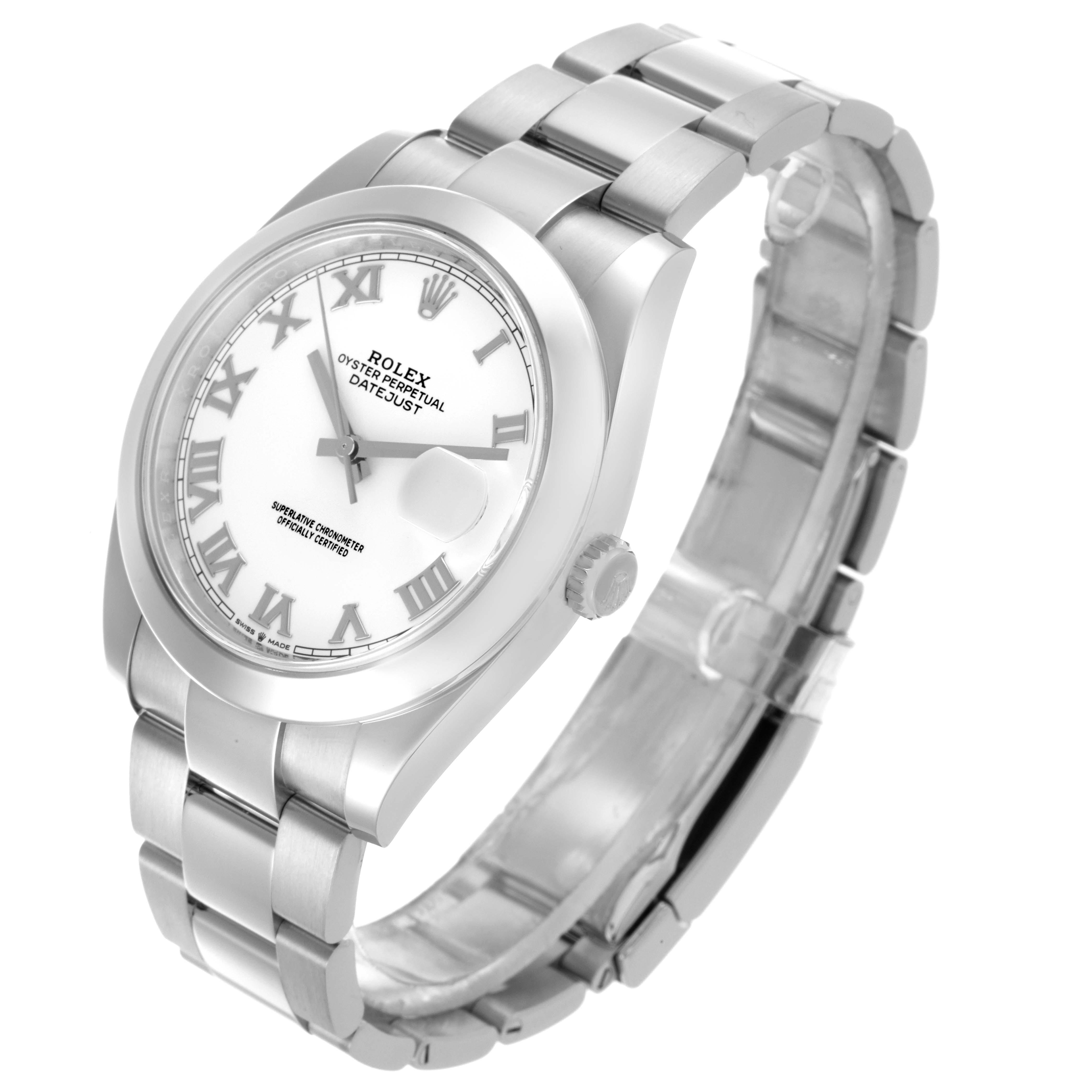 The Rolex Datejust 41 126300 Men's Stainless Steel White Dial 126300 Men's Stainless Steel White Dial watch is shown at a three-quarter angle, highlighting the dial, bezel, and bracelet.