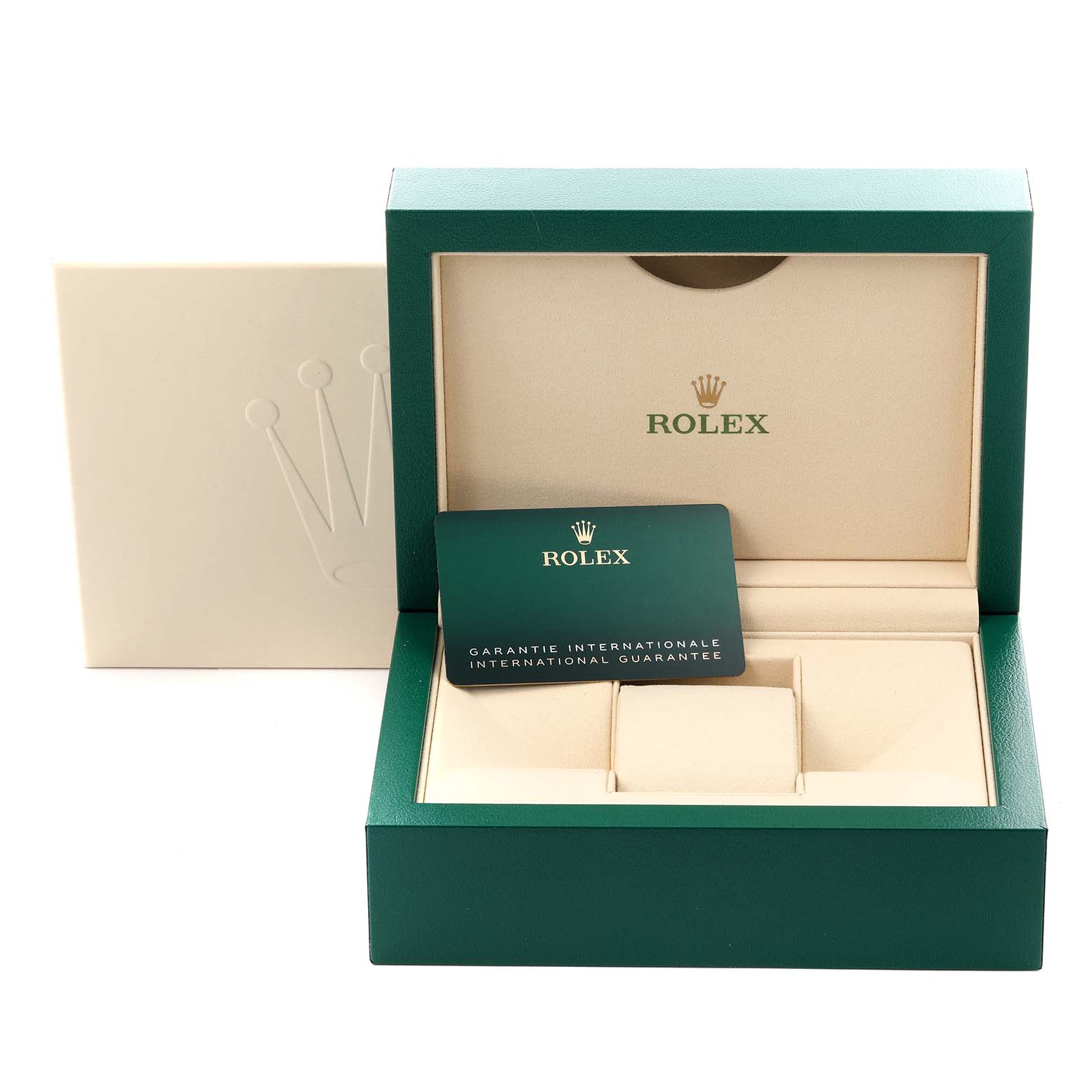 The image shows a Rolex Datejust 41 126300 Men's Stainless Steel White Dial 126300 Men's Stainless Steel White Dial watch box with a warranty card, viewed from the front.