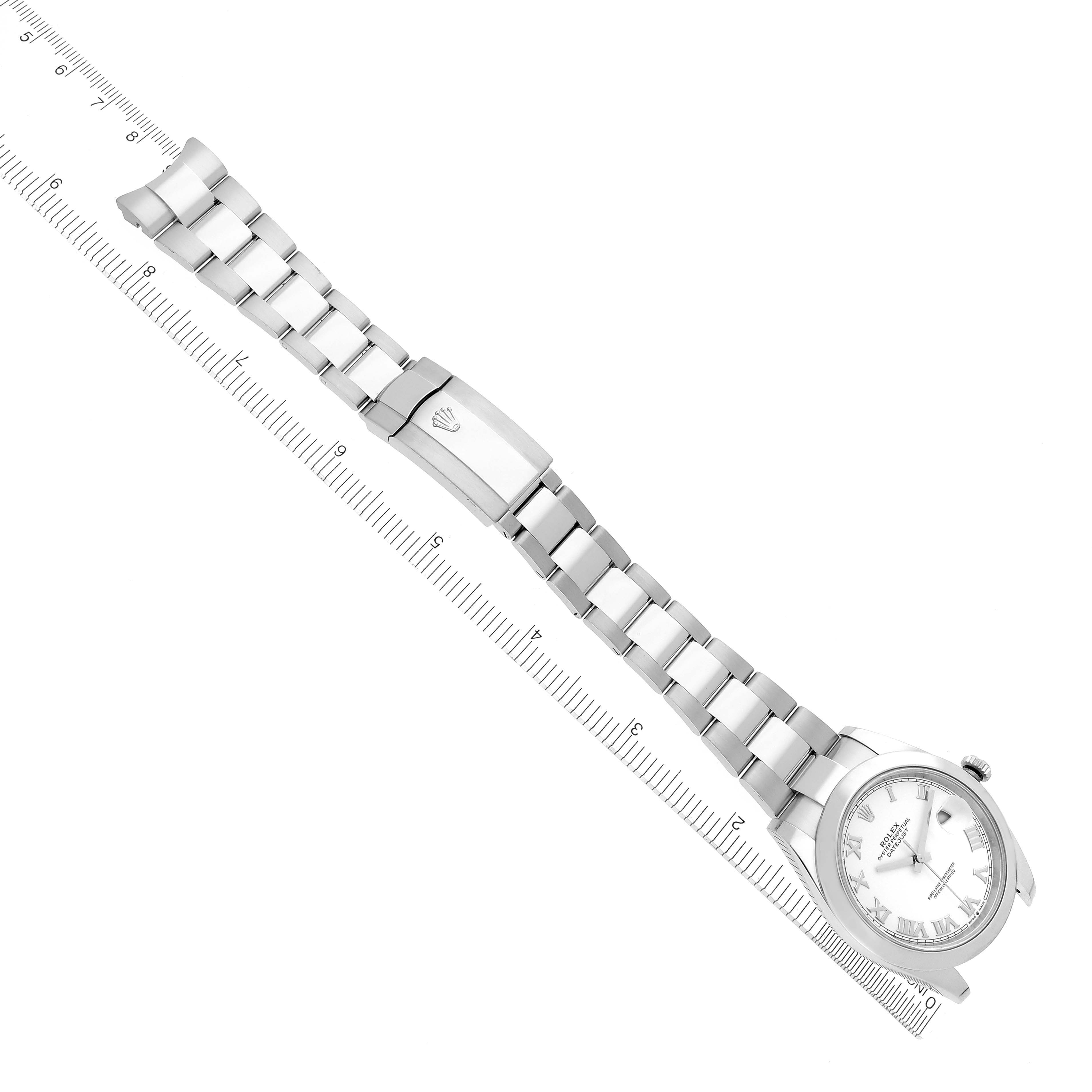 The Rolex Datejust 41 126300 Men's Stainless Steel White Dial 126300 Men's Stainless Steel White Dial is shown at a top-down angle, highlighting the face, bracelet, and clasp.