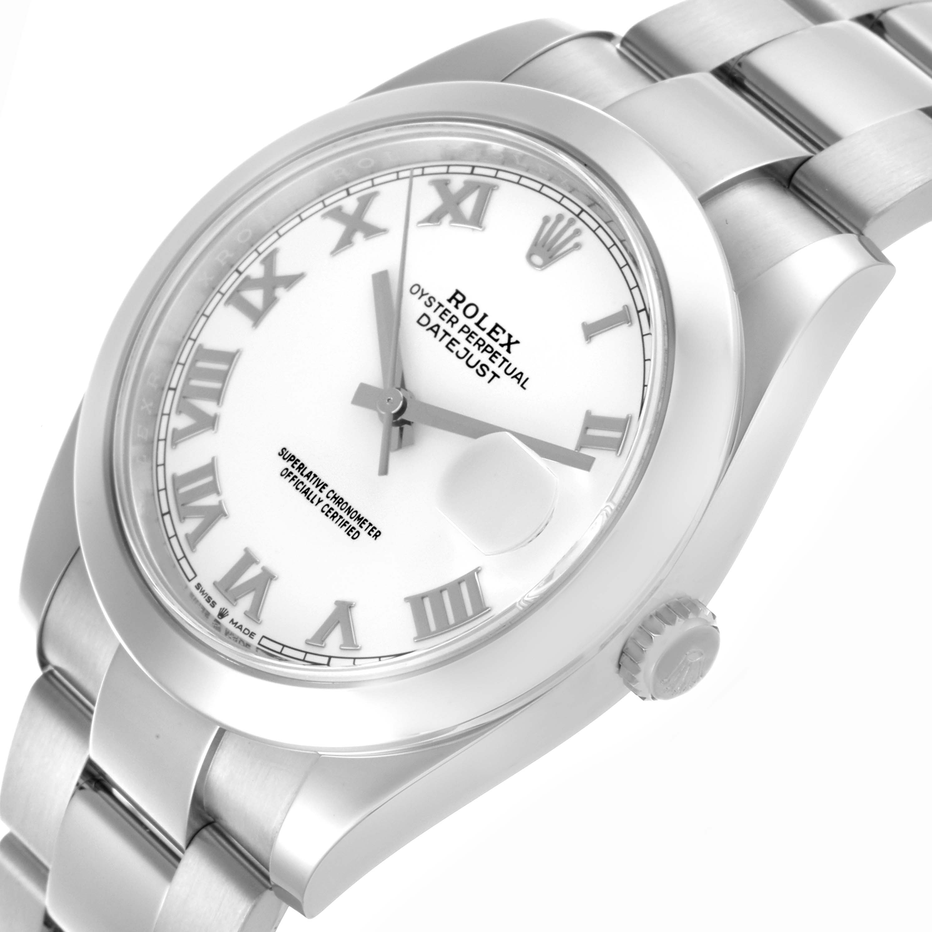 The Rolex Datejust 41 126300 Men's Stainless Steel White Dial 126300 Men's Stainless Steel White Dial watch is shown in a close-up angled view, highlighting the dial, bezel, and bracelet.