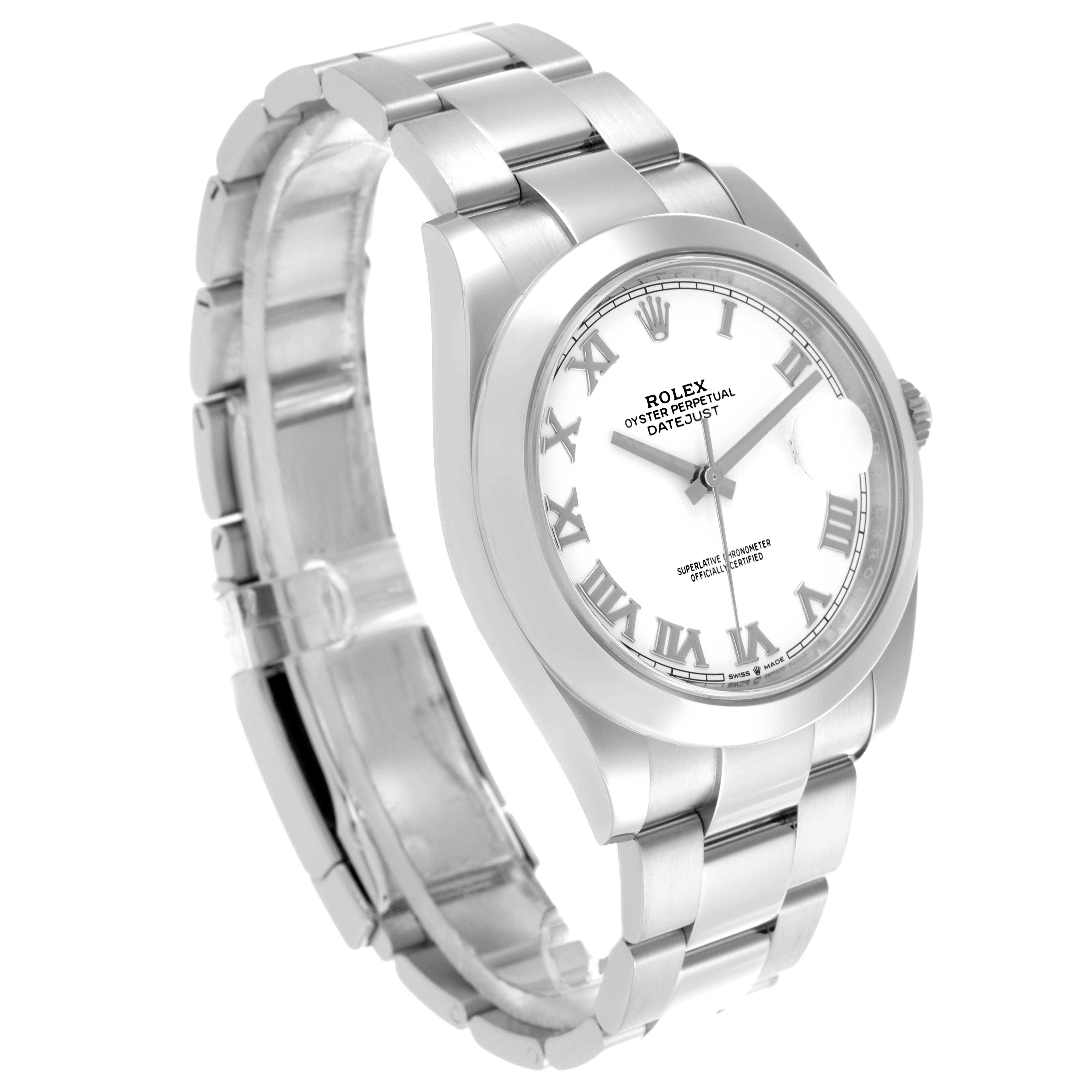 The Rolex Datejust 41 126300 Men's Stainless Steel White Dial 126300 Men's Stainless Steel White Dial is shown at a slight angle, highlighting the face, bezel, crown, and partially the bracelet.