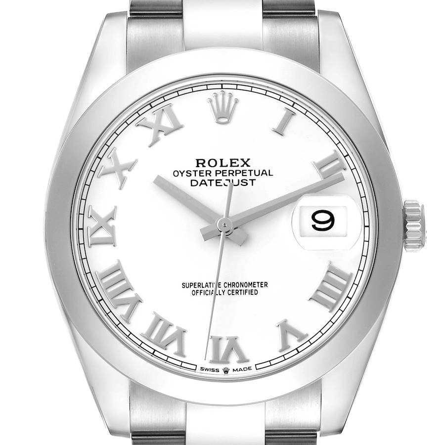 The Rolex Datejust 41 is shown from a front angle, displaying its dial, hands, bracelet, and date window.