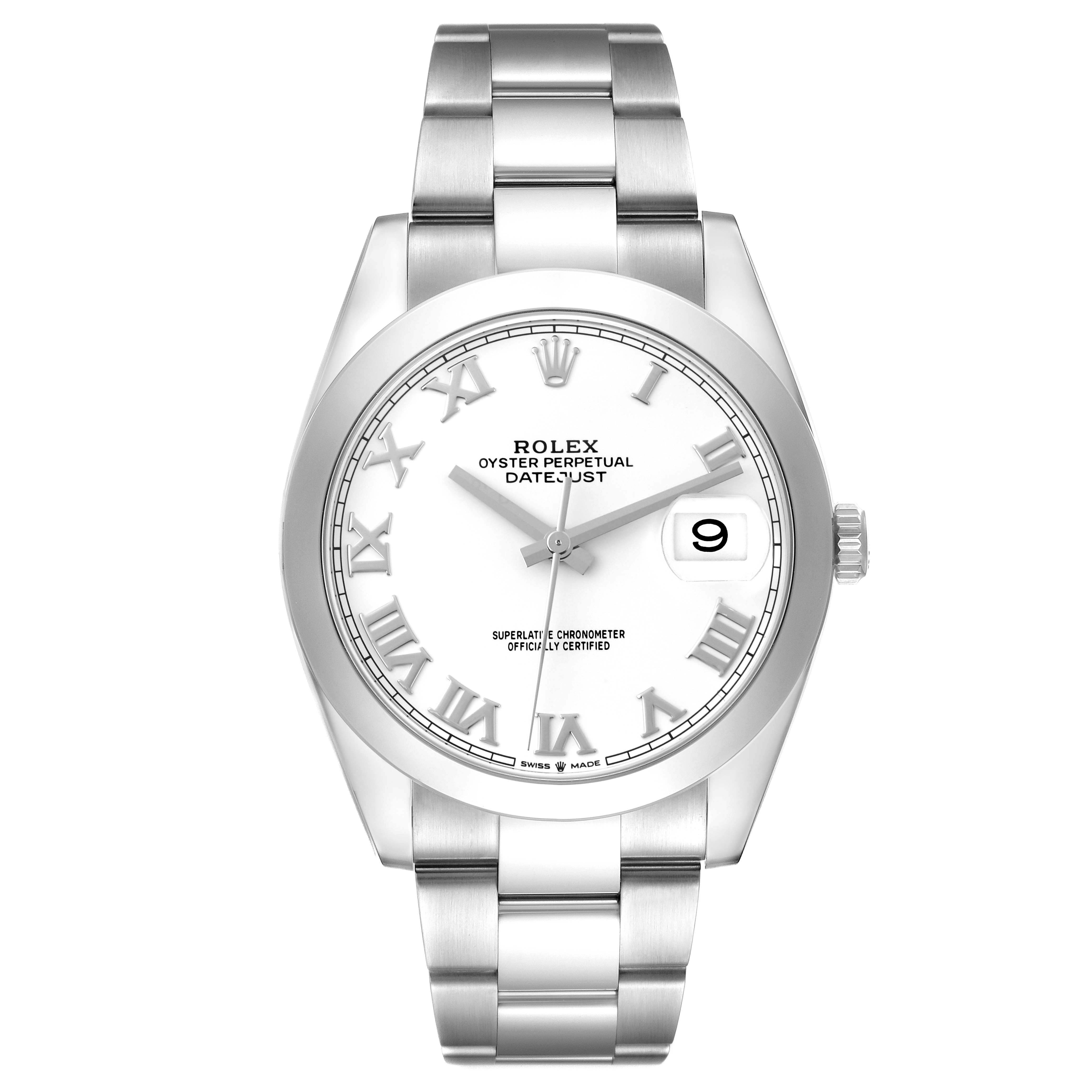 The Rolex Datejust 41 126300 Men's Stainless Steel White Dial 126300 Men's Stainless Steel White Dial is shown from a front angle, displaying the face, bracelet, crown, and date window.