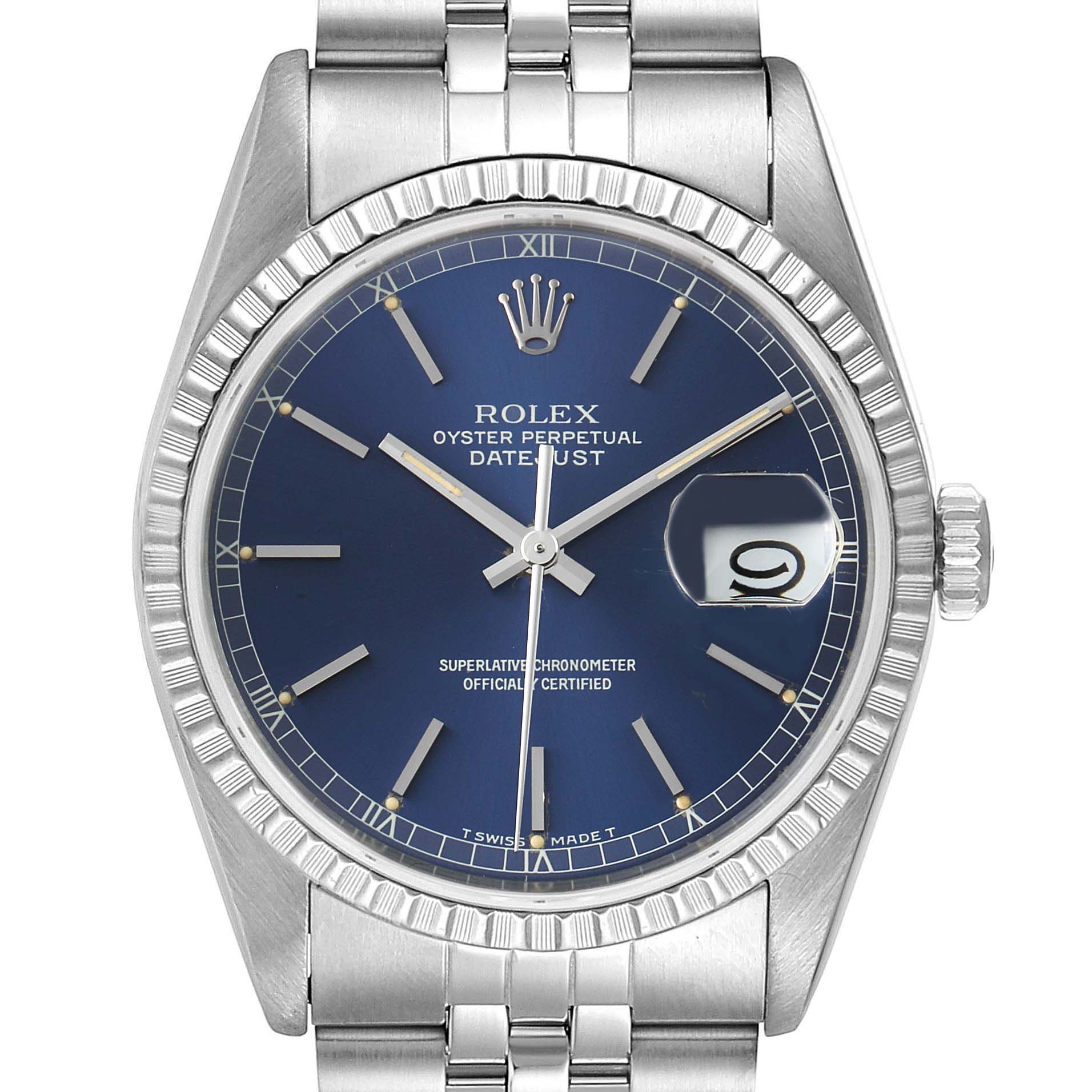 The image shows a frontal view of a Rolex Datejust 16220 Men
s Stainless Steel Blue Dial 16220 Men
s Stainless Steel Blue Dial watch, featuring a blue dial, date window, and jubilee bracelet.