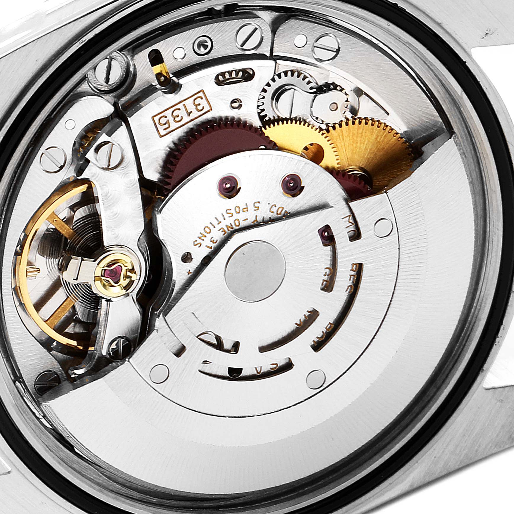 The image shows the intricate internal mechanism of a Rolex Datejust 16220 Men
s Stainless Steel Blue Dial 16220 Men
s Stainless Steel Blue Dial watch viewed from the back.