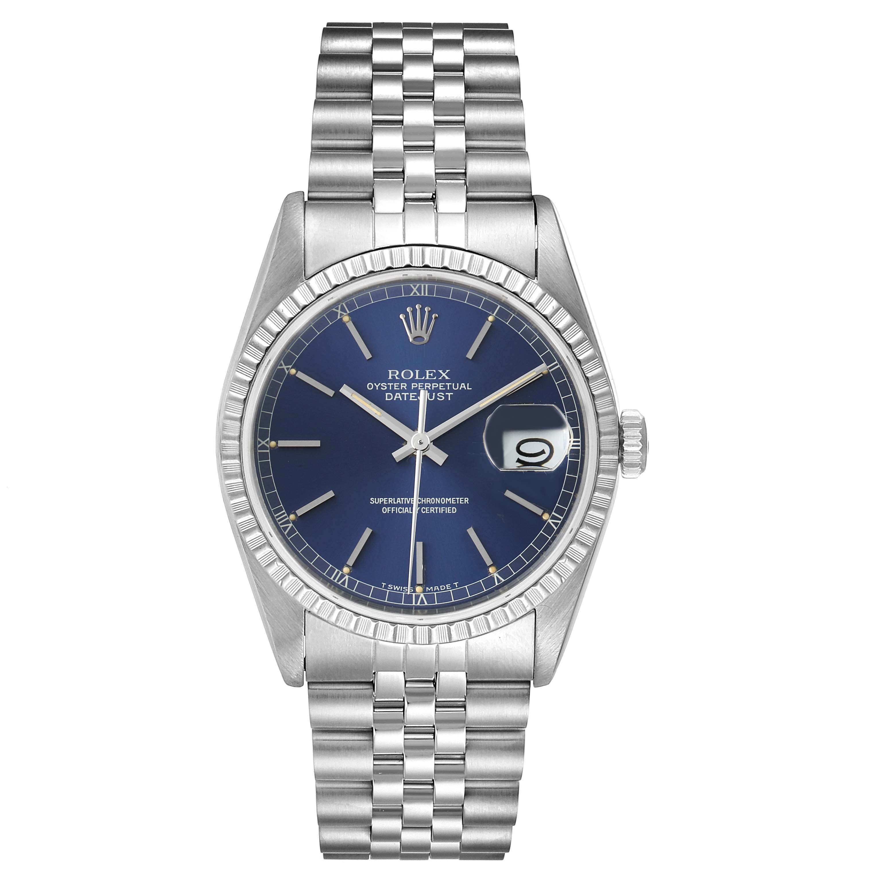 This is a front-facing view of the Rolex Datejust 16220 Men
s Stainless Steel Blue Dial 16220 Men
s Stainless Steel Blue Dial watch, showcasing its dial, bezel, case, and bracelet.