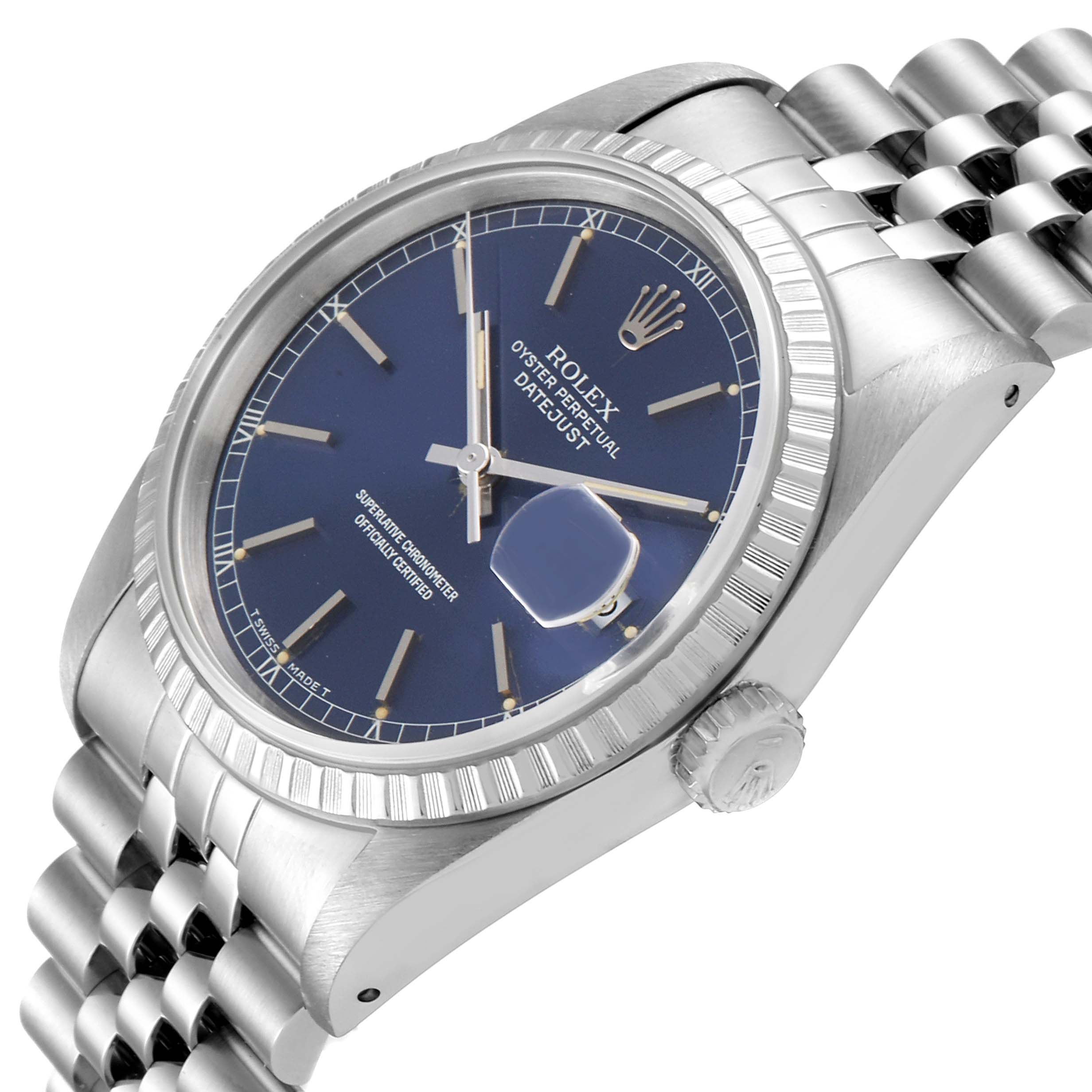 The image shows a Rolex Datejust 16220 Men
s Stainless Steel Blue Dial 16220 Men
s Stainless Steel Blue Dial watch at an angle, highlighting its face, bezel, crown, and partial bracelet.