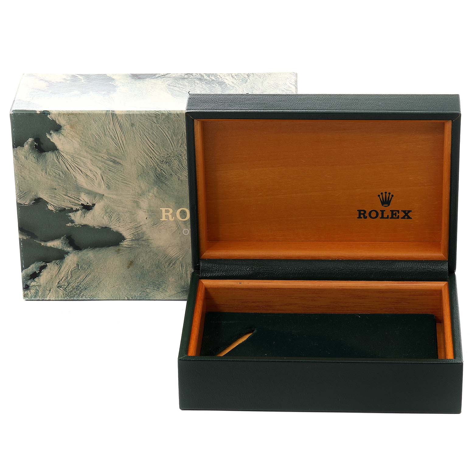 The image shows an open Rolex Datejust 16220 Men
s Stainless Steel Blue Dial 16220 Men
s Stainless Steel Blue Dial watch box and its exterior packaging, showcasing the interior lining.