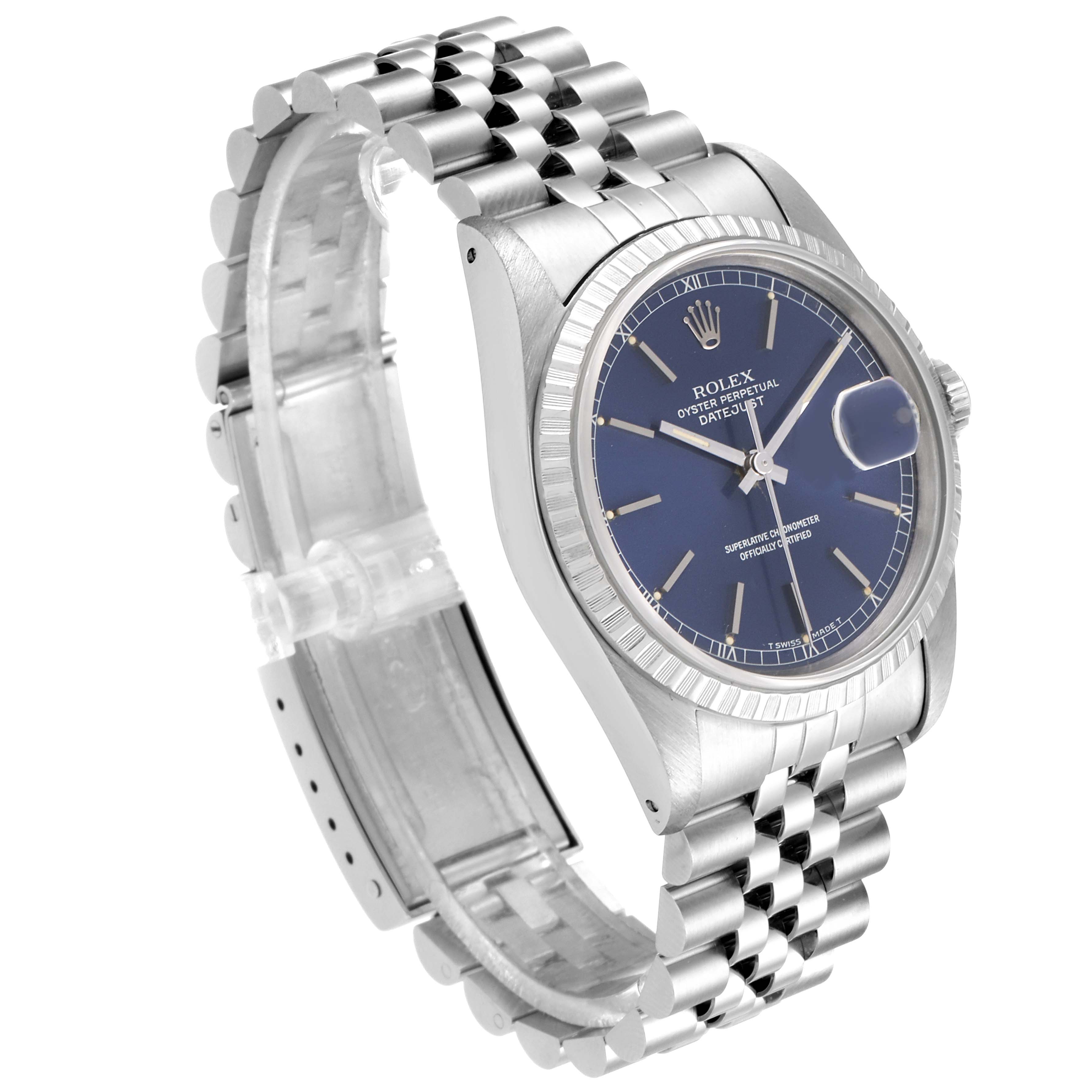This image shows a Rolex Datejust 16220 Men
s Stainless Steel Blue Dial 16220 Men
s Stainless Steel Blue Dial watch at a three-quarter angle, highlighting the face, bezel, and bracelet.