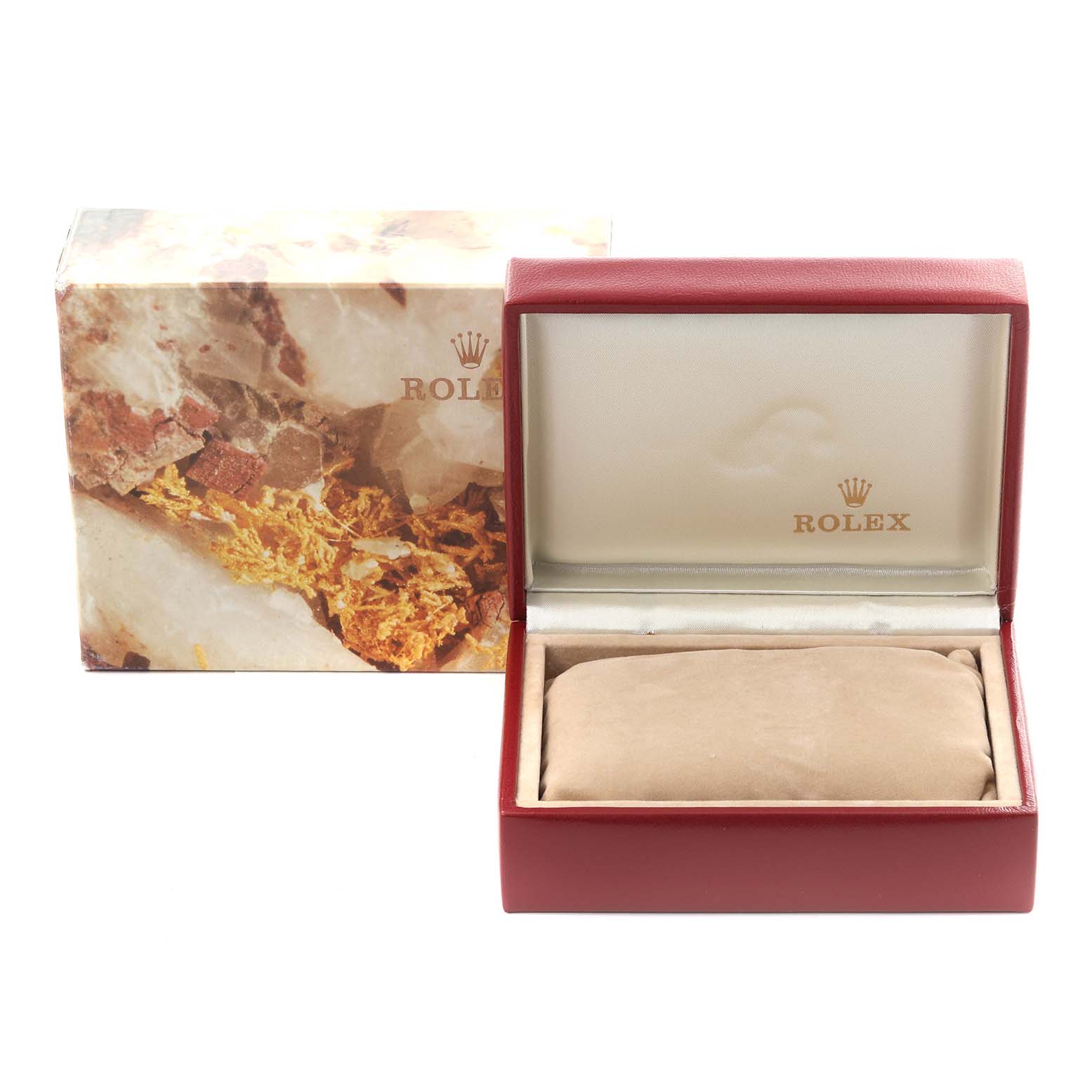 The image shows a Rolex Datejust 69173 Women's Steel and Gold (two tone) Champagne Dial 69173 Women's Steel and Gold (two tone) Champagne Dial watch box, opened to display the interior and cushion, with the outer box beside it.