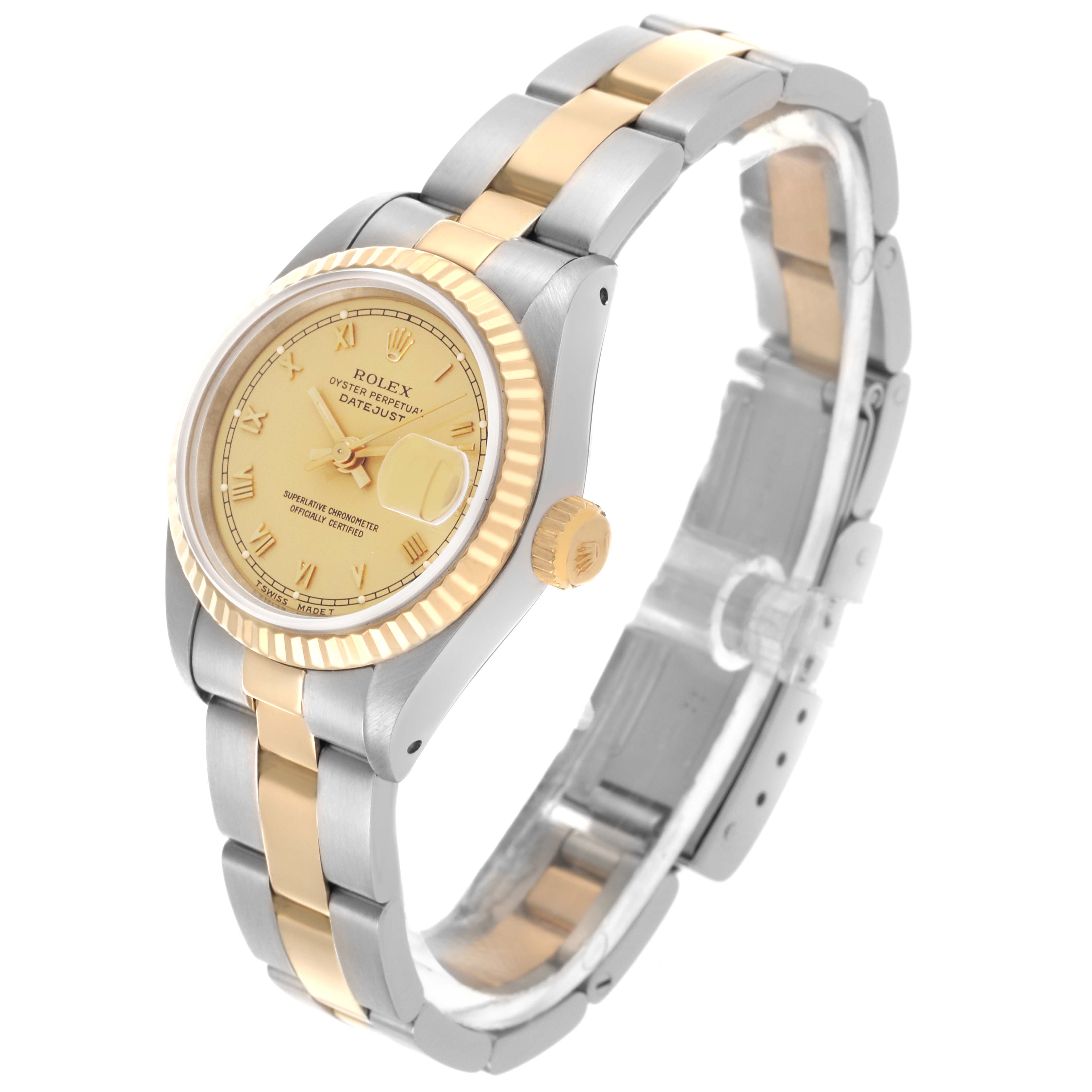 The Rolex Datejust 69173 Women's Steel and Gold (two tone) Champagne Dial 69173 Women's Steel and Gold (two tone) Champagne Dial watch is shown at a three-quarter angle, displaying its dial, bezel, crown, and bracelet.