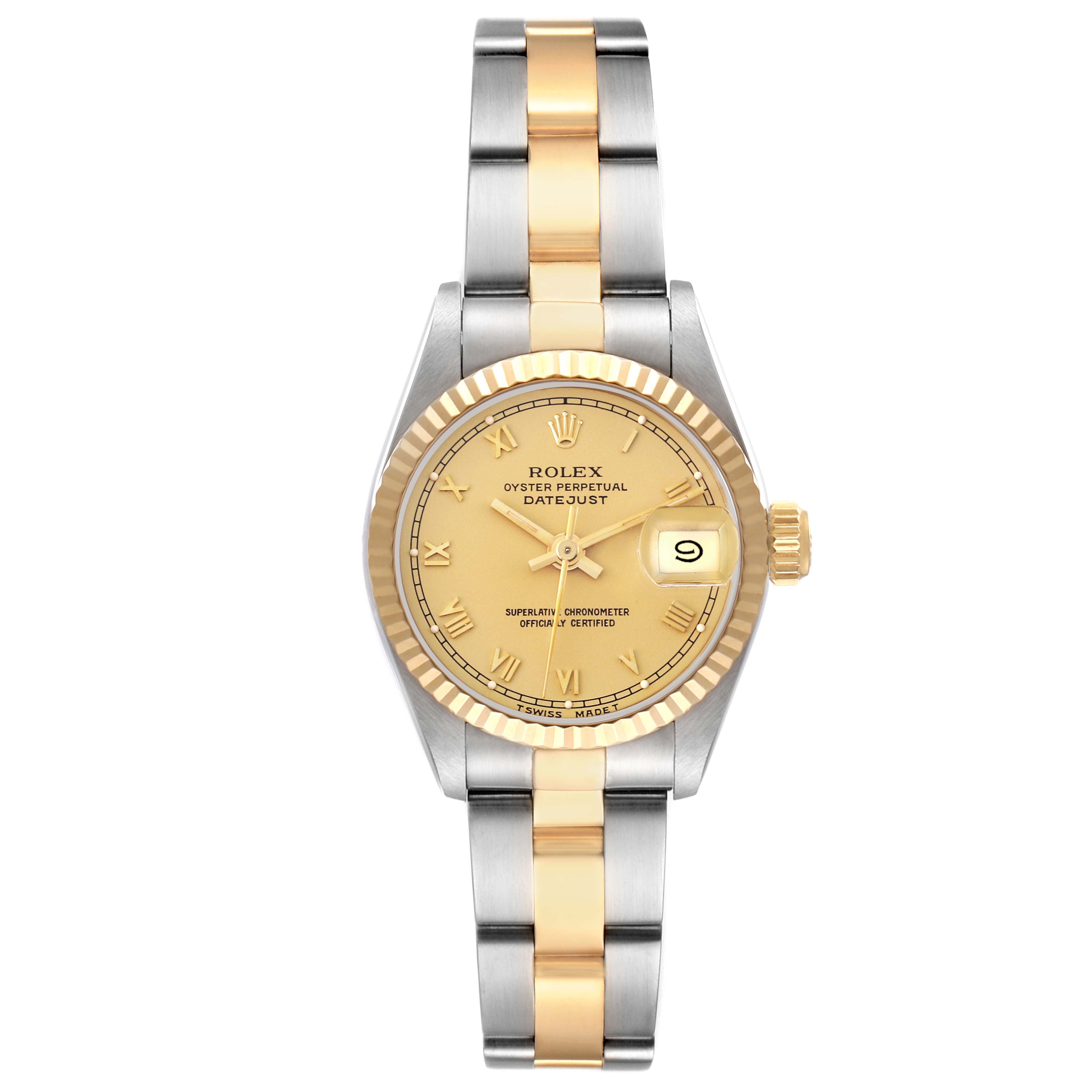 The image shows a front view of the Rolex Datejust 69173 Women's Steel and Gold (two tone) Champagne Dial 69173 Women's Steel and Gold (two tone) Champagne Dial watch, highlighting the dial, bezel, bracelet, and crown.