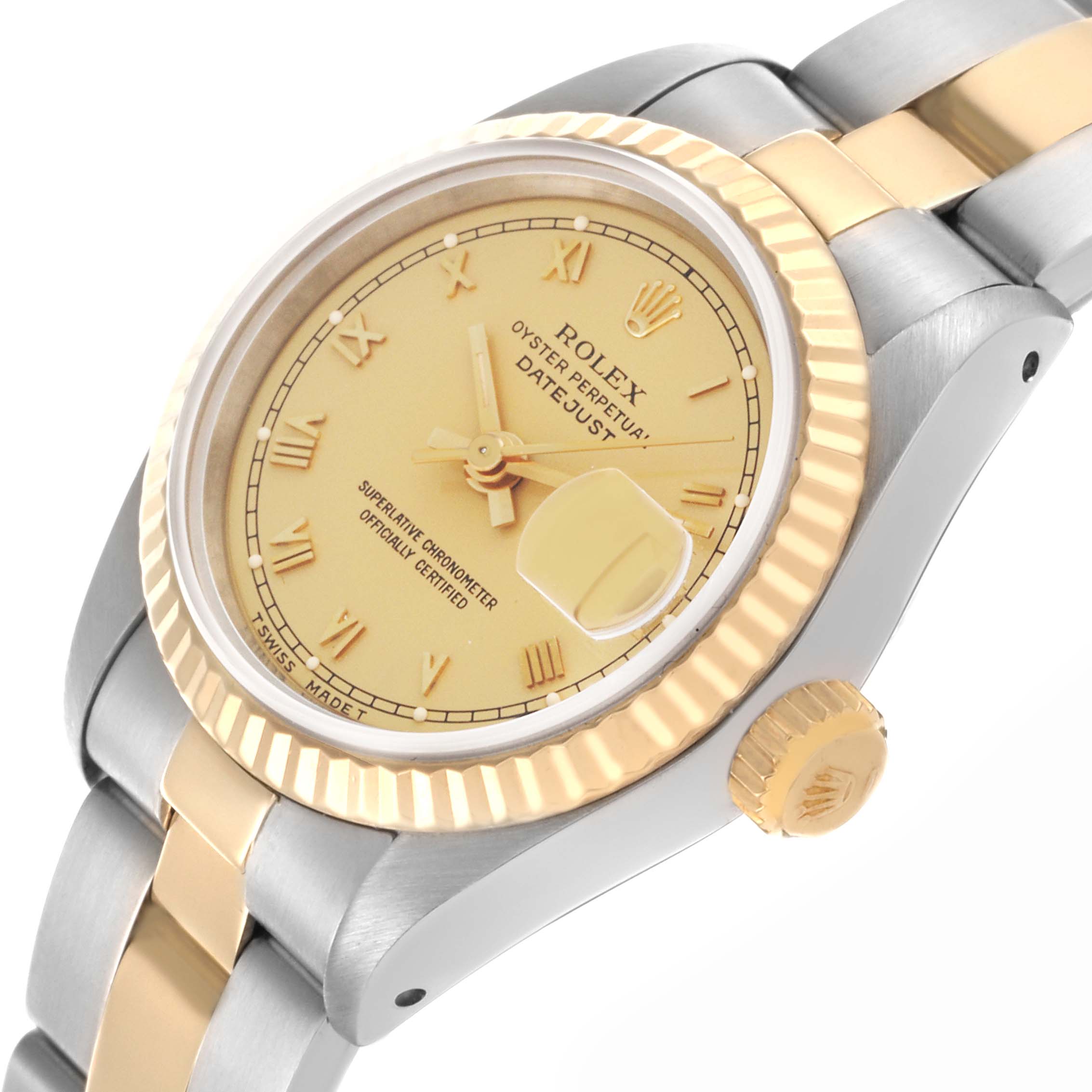 The Rolex Datejust 69173 Women's Steel and Gold (two tone) Champagne Dial 69173 Women's Steel and Gold (two tone) Champagne Dial watch is shown in a three-quarter angle highlighting the dial, bezel, crown, and part of the bracelet.