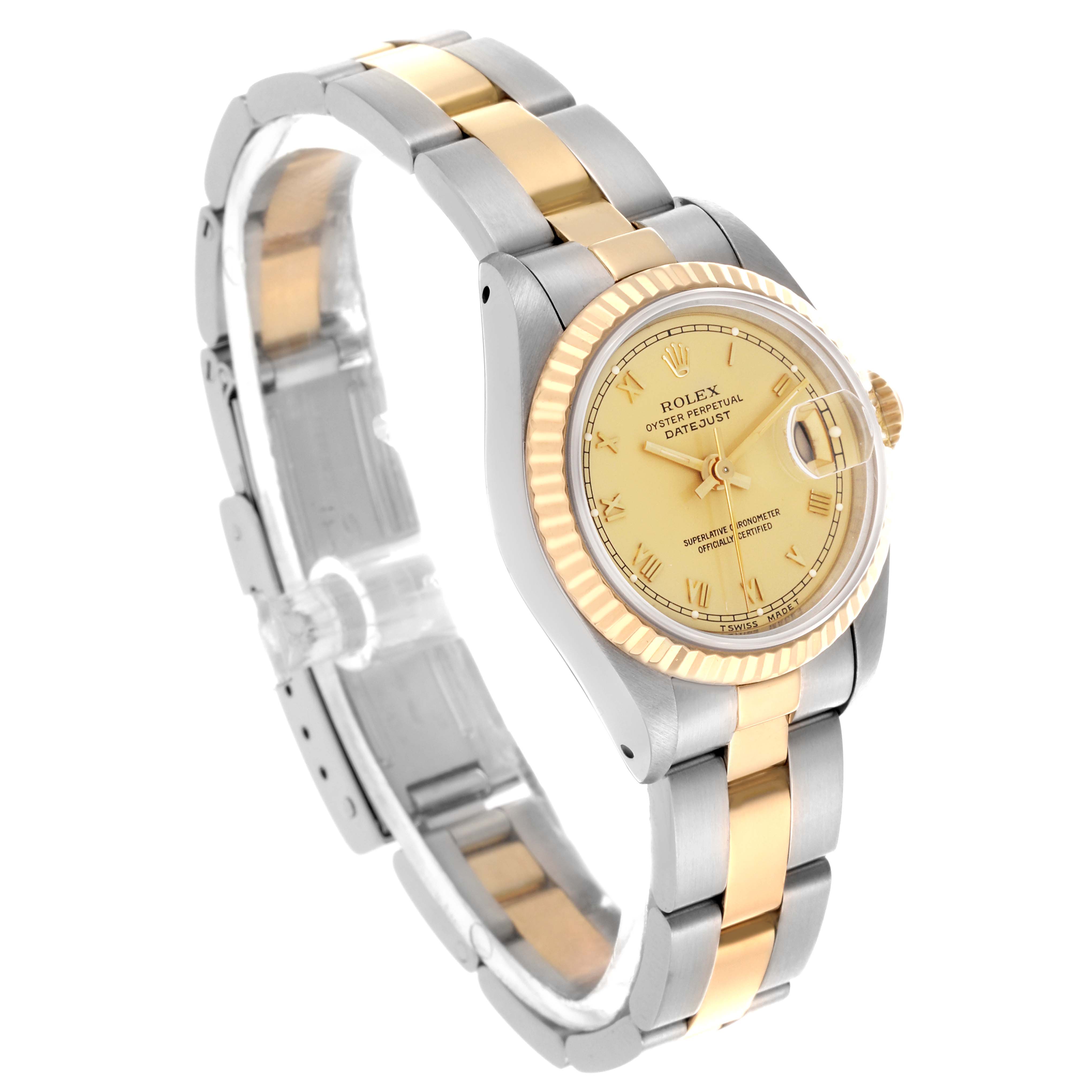 The Rolex Datejust 69173 Women's Steel and Gold (two tone) Champagne Dial 69173 Women's Steel and Gold (two tone) Champagne Dial watch is shown at a three-quarter angle, highlighting the face, bezel, crown, and bracelet.