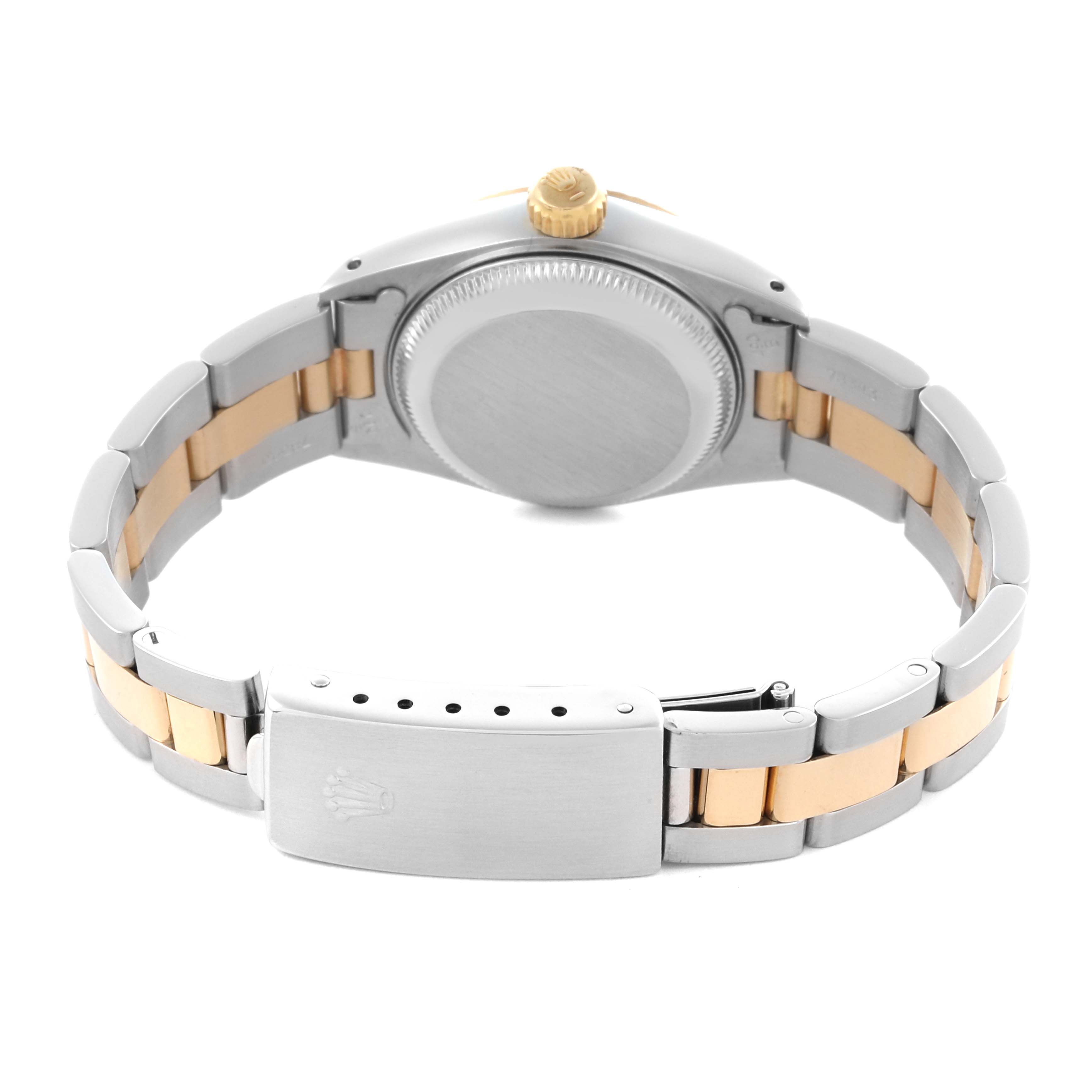 This Rolex Datejust 69173 Women's Steel and Gold (two tone) Champagne Dial 69173 Women's Steel and Gold (two tone) Champagne Dial watch is shown from the back, featuring the case back, bracelet, and clasp.