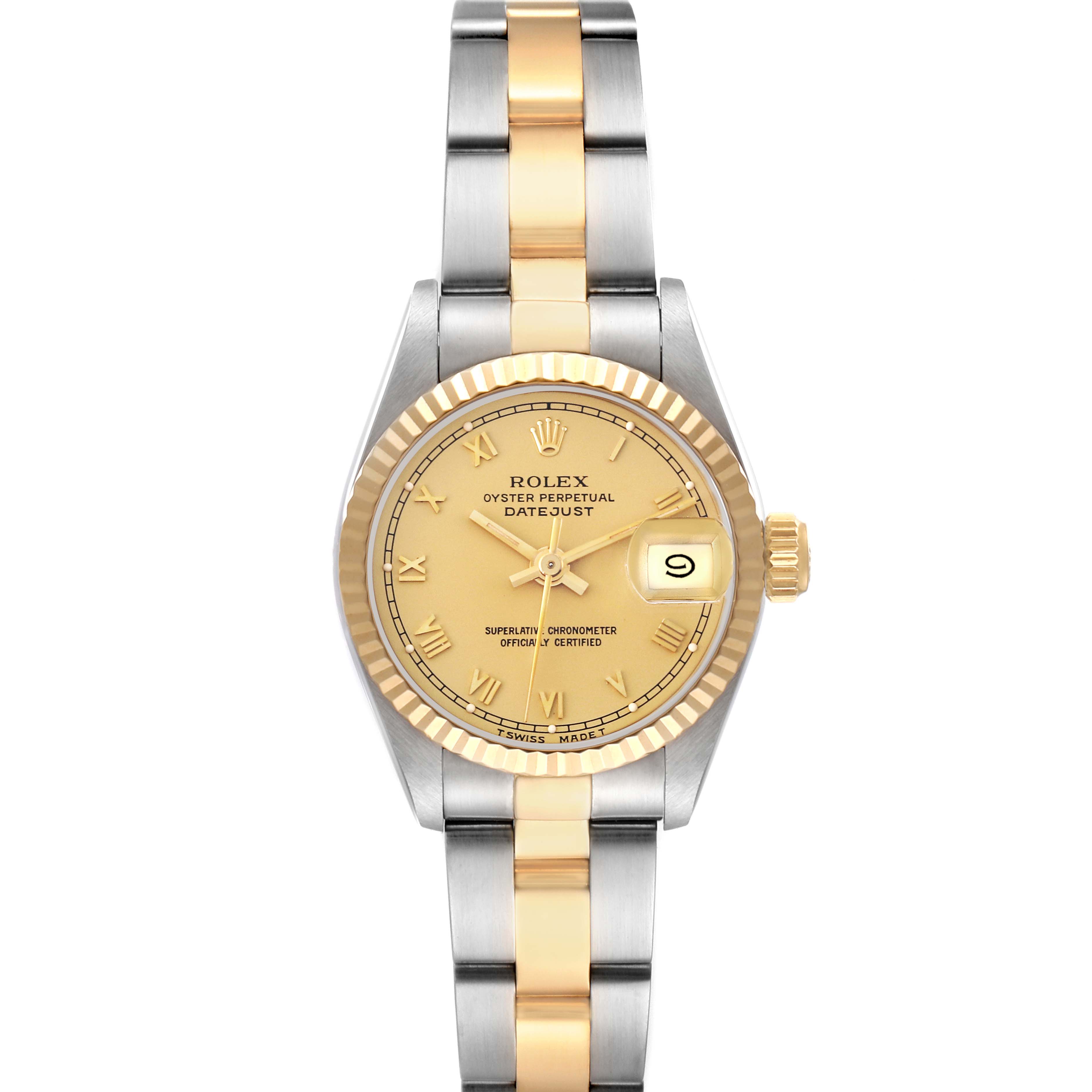 The Rolex Datejust 69173 Women's Steel and Gold (two tone) Champagne Dial 69173 Women's Steel and Gold (two tone) Champagne Dial watch is shown from a front angle, displaying the dial, bracelet, and date feature.