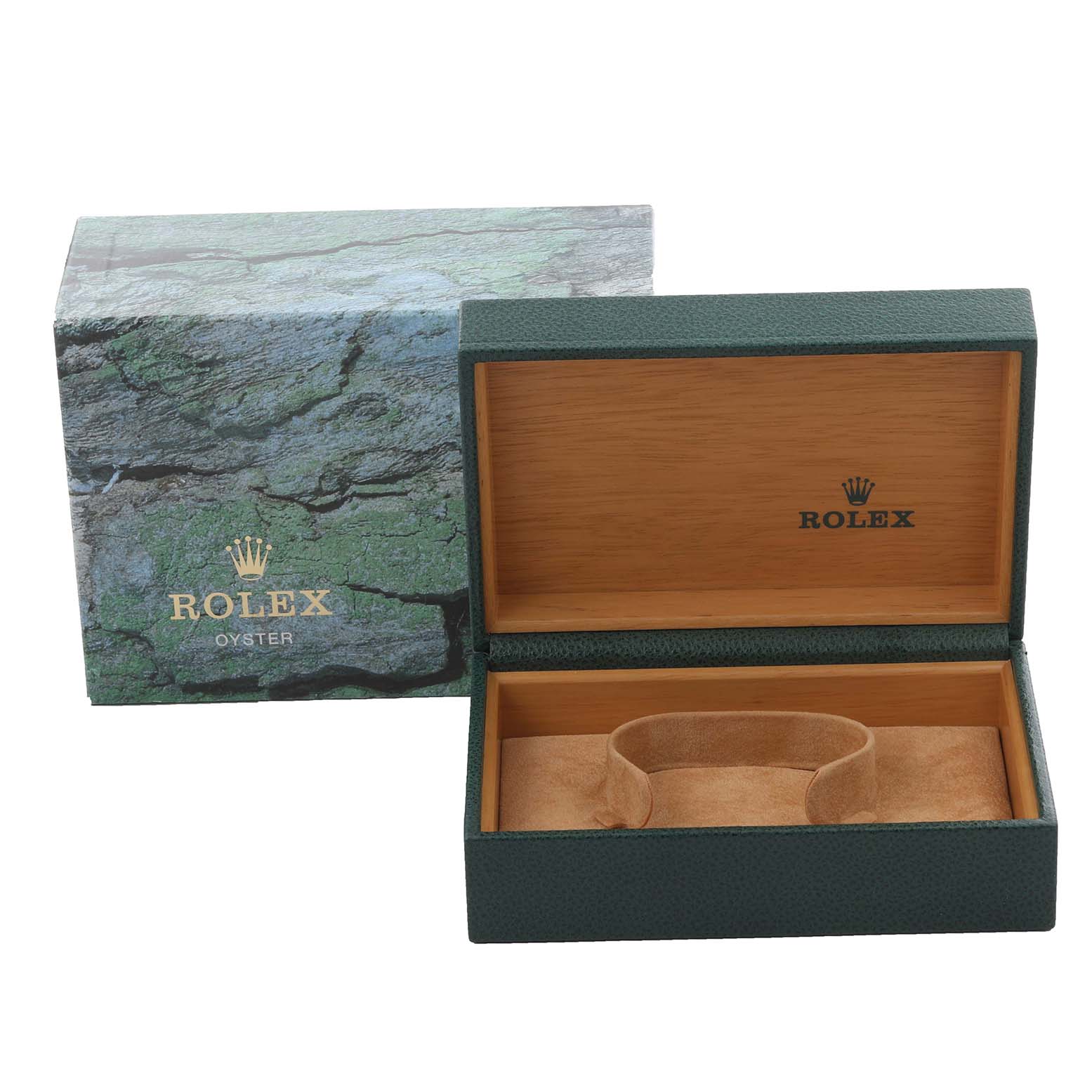 The image shows an open Rolex Datejust 16220 Men's Stainless Steel Silver Dial 16220 Men's Stainless Steel Silver Dial watch box with an exterior sleeve, photographed from the front.