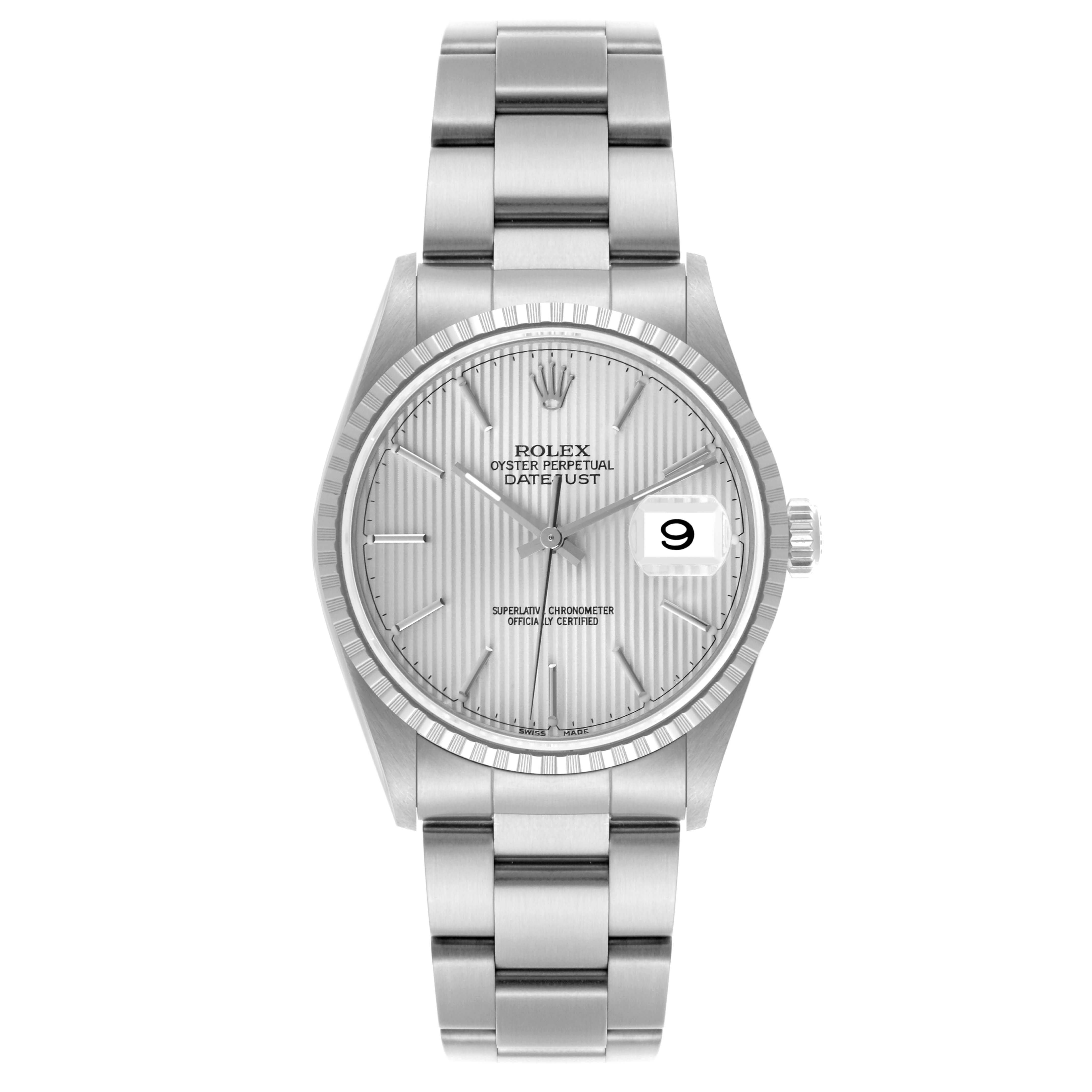 The Rolex Datejust 16220 Men's Stainless Steel Silver Dial 16220 Men's Stainless Steel Silver Dial watch is shown from the front, displaying the face, bezel, and bracelet.