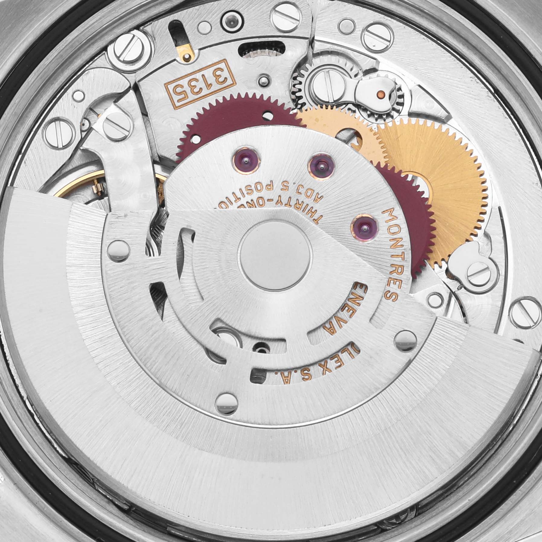 The image shows an angled view of the Rolex Datejust 16220 Men's Stainless Steel Silver Dial 16220 Men's Stainless Steel Silver Dial movement, highlighting its gears and rotor.