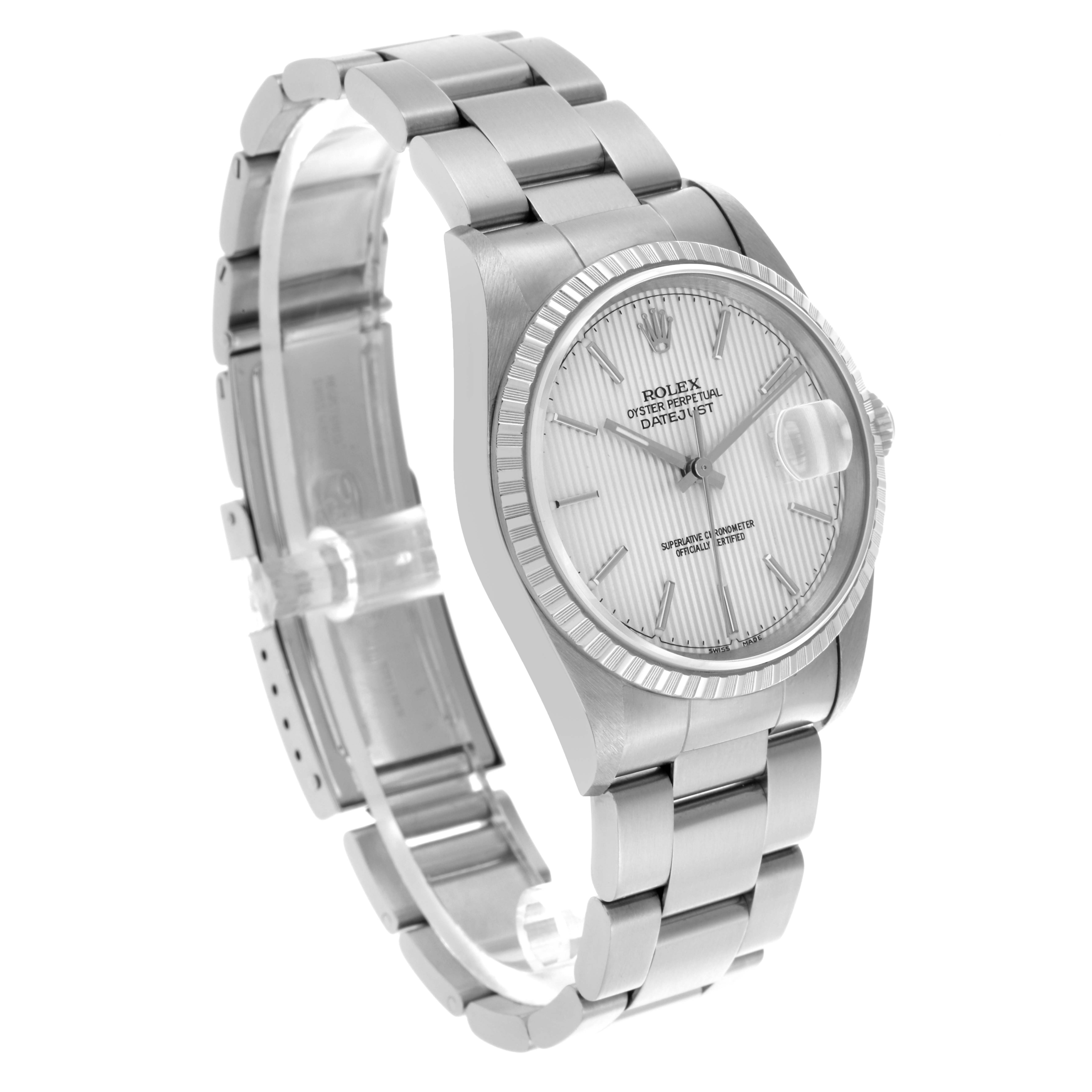 The Rolex Datejust 16220 Men's Stainless Steel Silver Dial 16220 Men's Stainless Steel Silver Dial watch is shown at a three-quarter angle, displaying the dial, bezel, and bracelet.