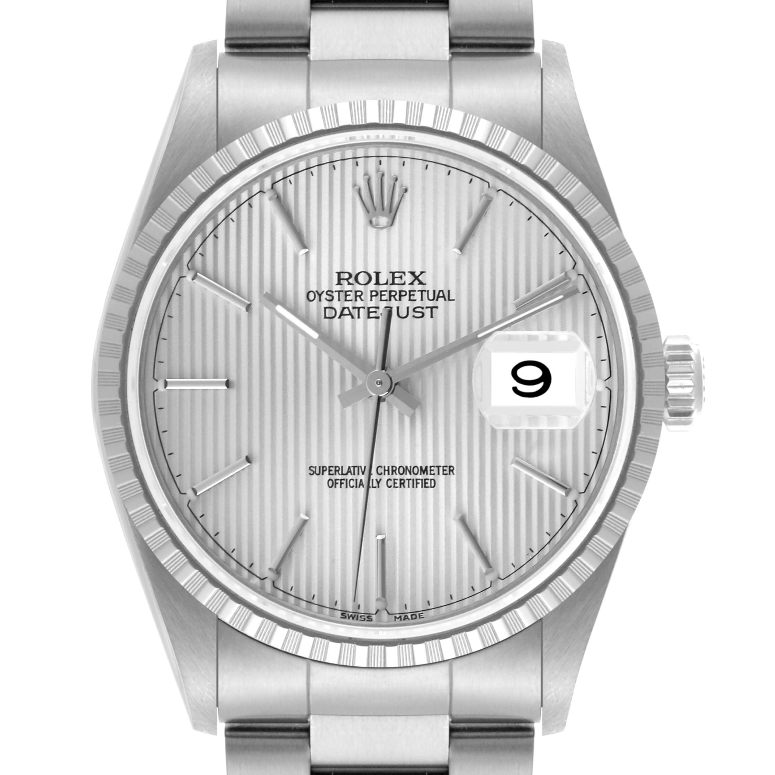 The Rolex Datejust 16220 Men's Stainless Steel Silver Dial 16220 Men's Stainless Steel Silver Dial watch is shown front-facing, highlighting the dial, bezel, and part of the bracelet.