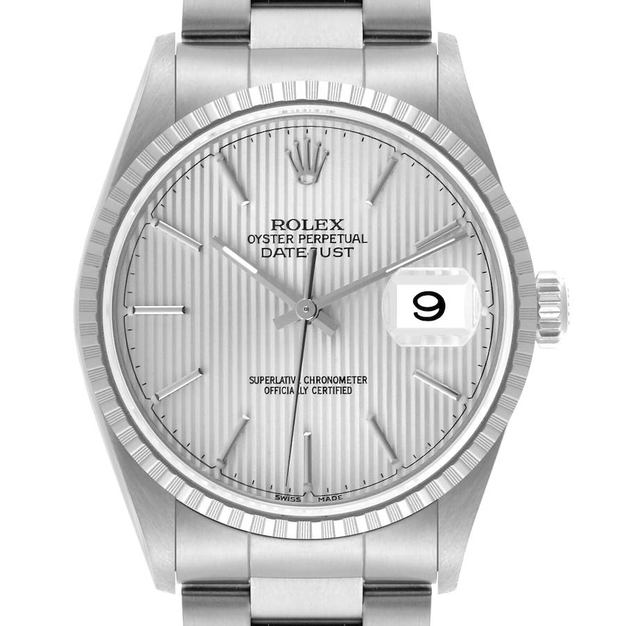 The Rolex Datejust watch is shown front-facing, highlighting the dial, bezel, and part of the bracelet.