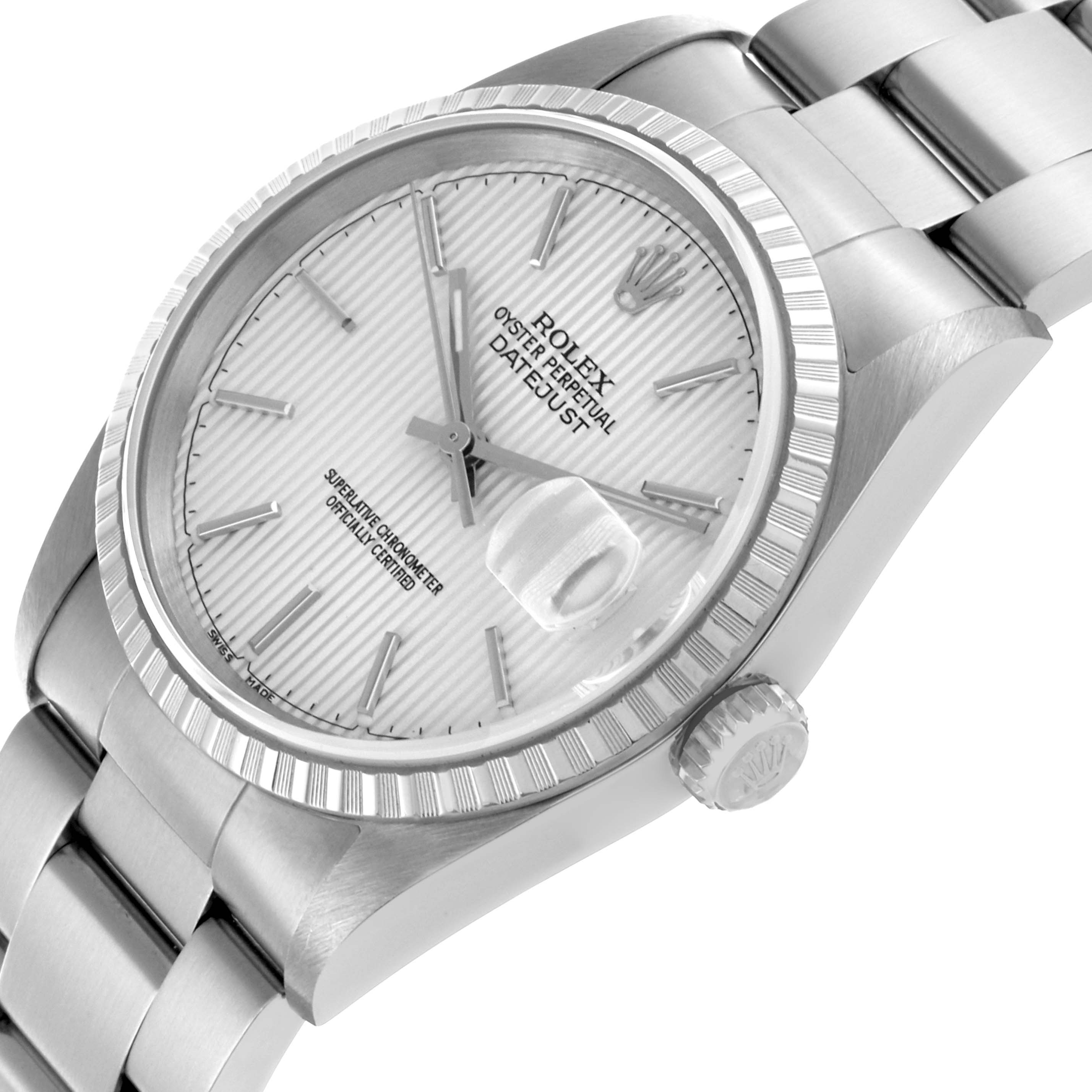 The Rolex Datejust 16220 Men's Stainless Steel Silver Dial 16220 Men's Stainless Steel Silver Dial watch is shown at an angled view, highlighting the face, bezel, crown, and bracelet.