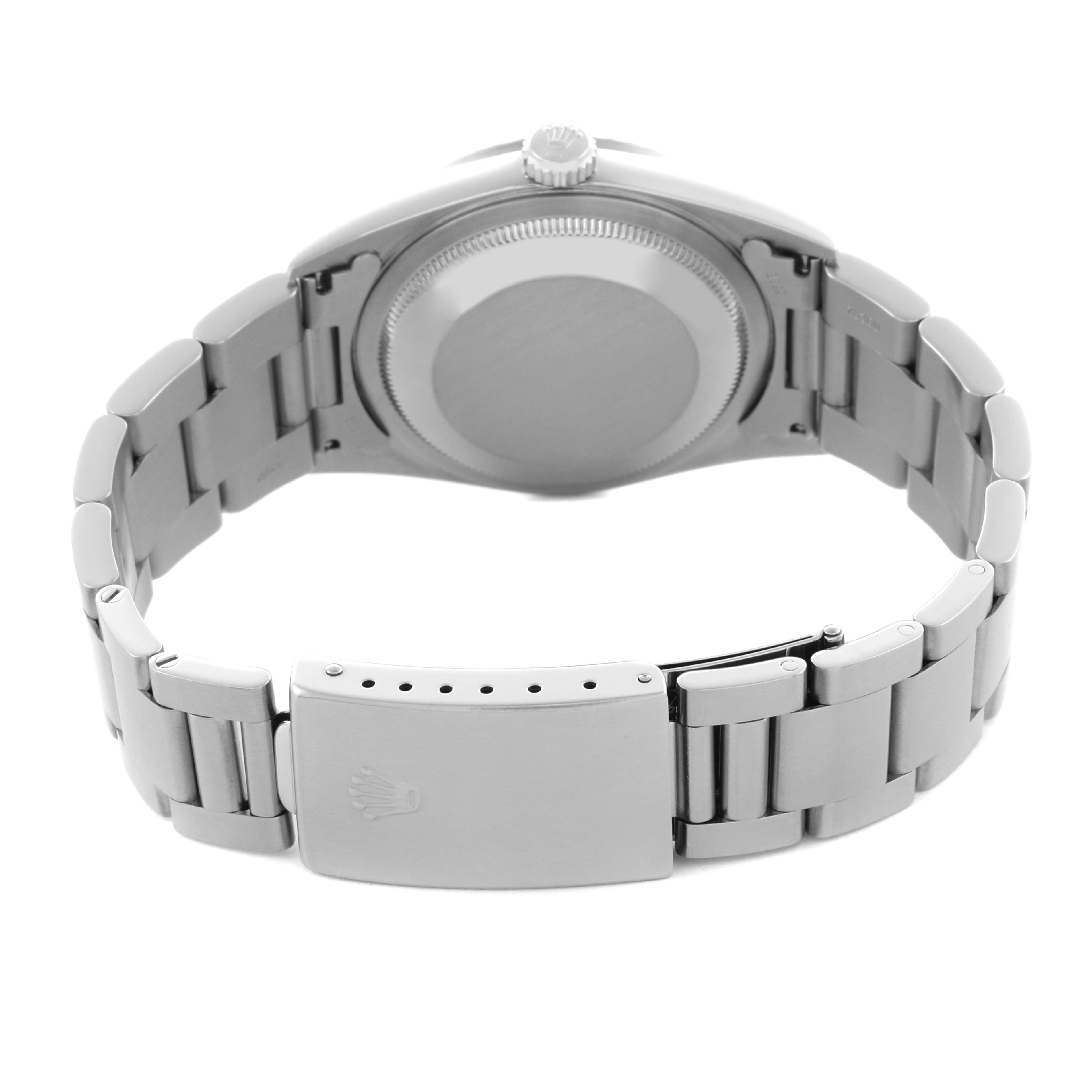 The image shows the back of a Rolex Datejust 16220 Men's Stainless Steel Silver Dial 16220 Men's Stainless Steel Silver Dial, highlighting the case back and metal bracelet clasp.