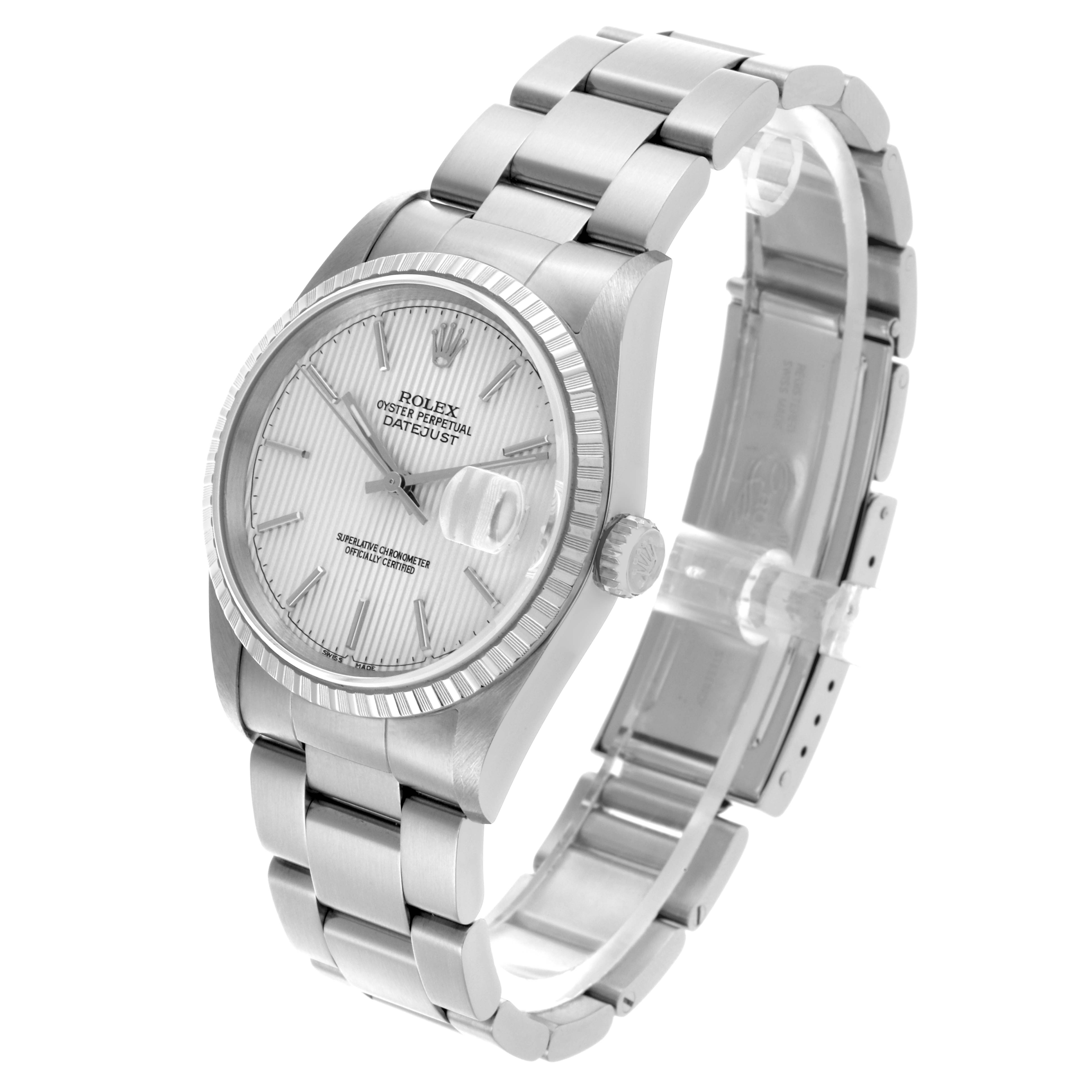 The Rolex Datejust 16220 Men's Stainless Steel Silver Dial 16220 Men's Stainless Steel Silver Dial watch is pictured at an angle showing the dial, bezel, and bracelet clearly.