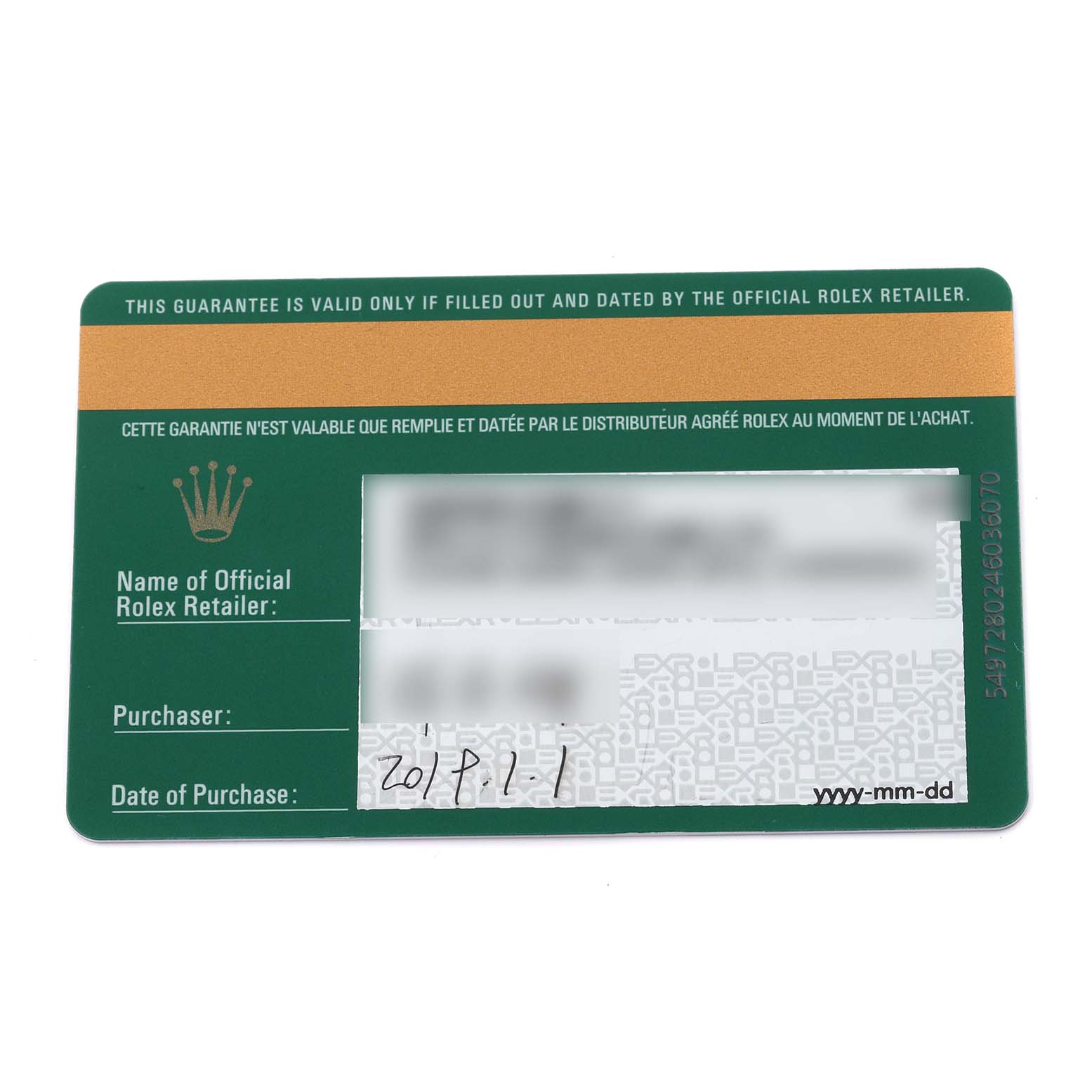 This image shows a warranty card for the Rolex Datejust 279381RBR Women's Steel and Gold (two tone) Green Dial 279381RBR Women's Steel and Gold (two tone) Green Dial watch from an official retailer.
