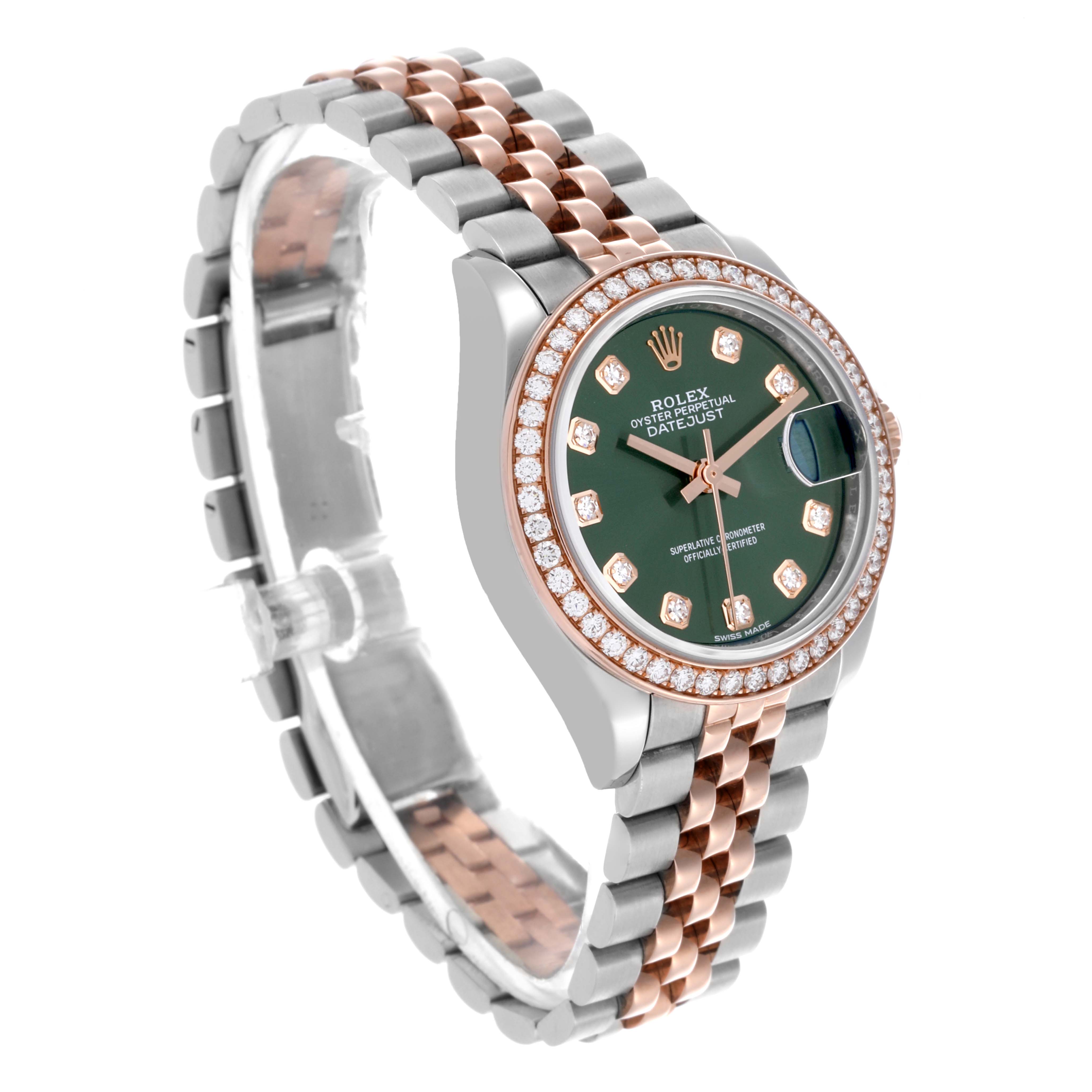 The Rolex Datejust 279381RBR Women's Steel and Gold (two tone) Green Dial 279381RBR Women's Steel and Gold (two tone) Green Dial watch is shown at an angled view, highlighting the dial, bezel, and bracelet.