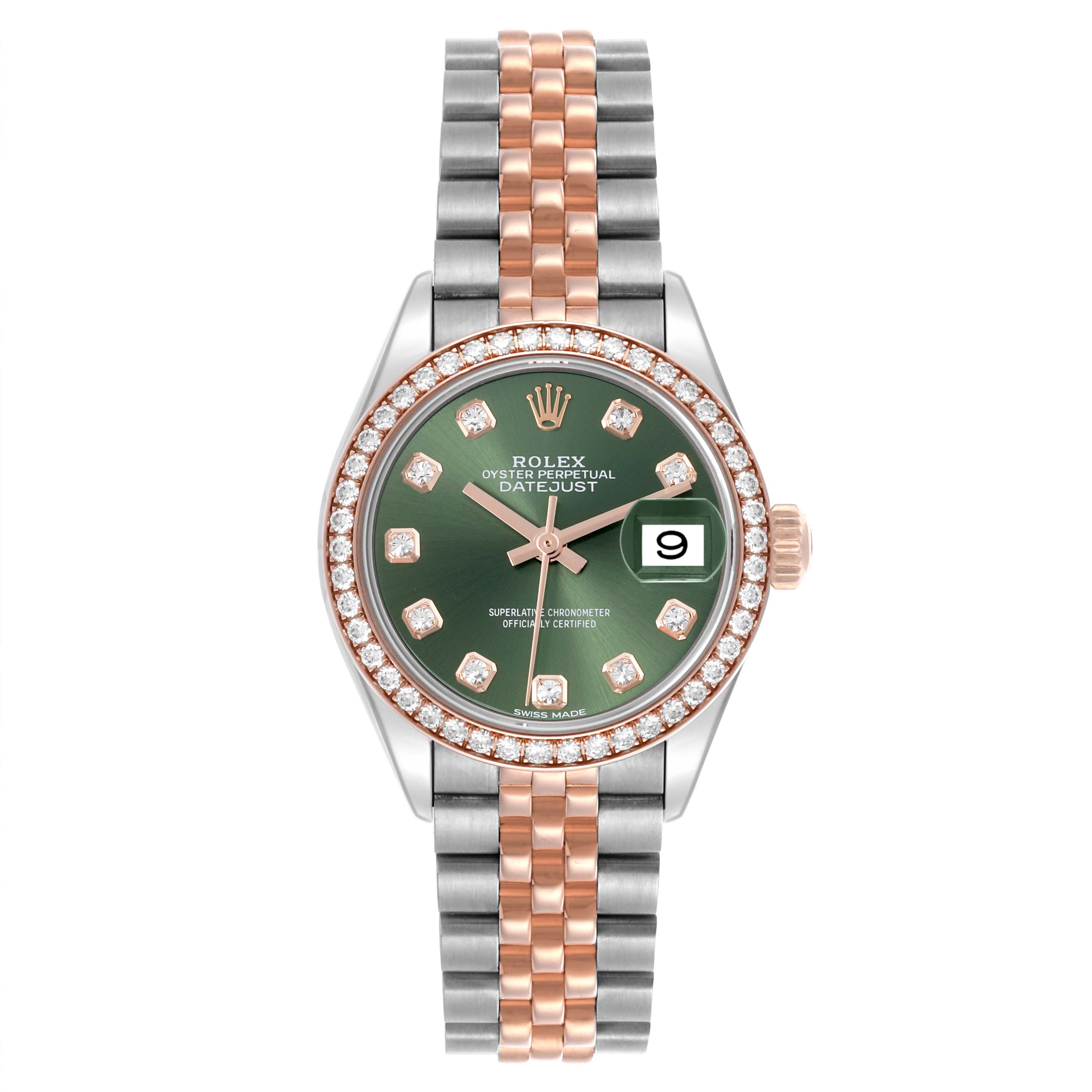 The Rolex Datejust 279381RBR Women's Steel and Gold (two tone) Green Dial 279381RBR Women's Steel and Gold (two tone) Green Dial watch is shown from a front angle, displaying the dial, bezel, and bracelet.