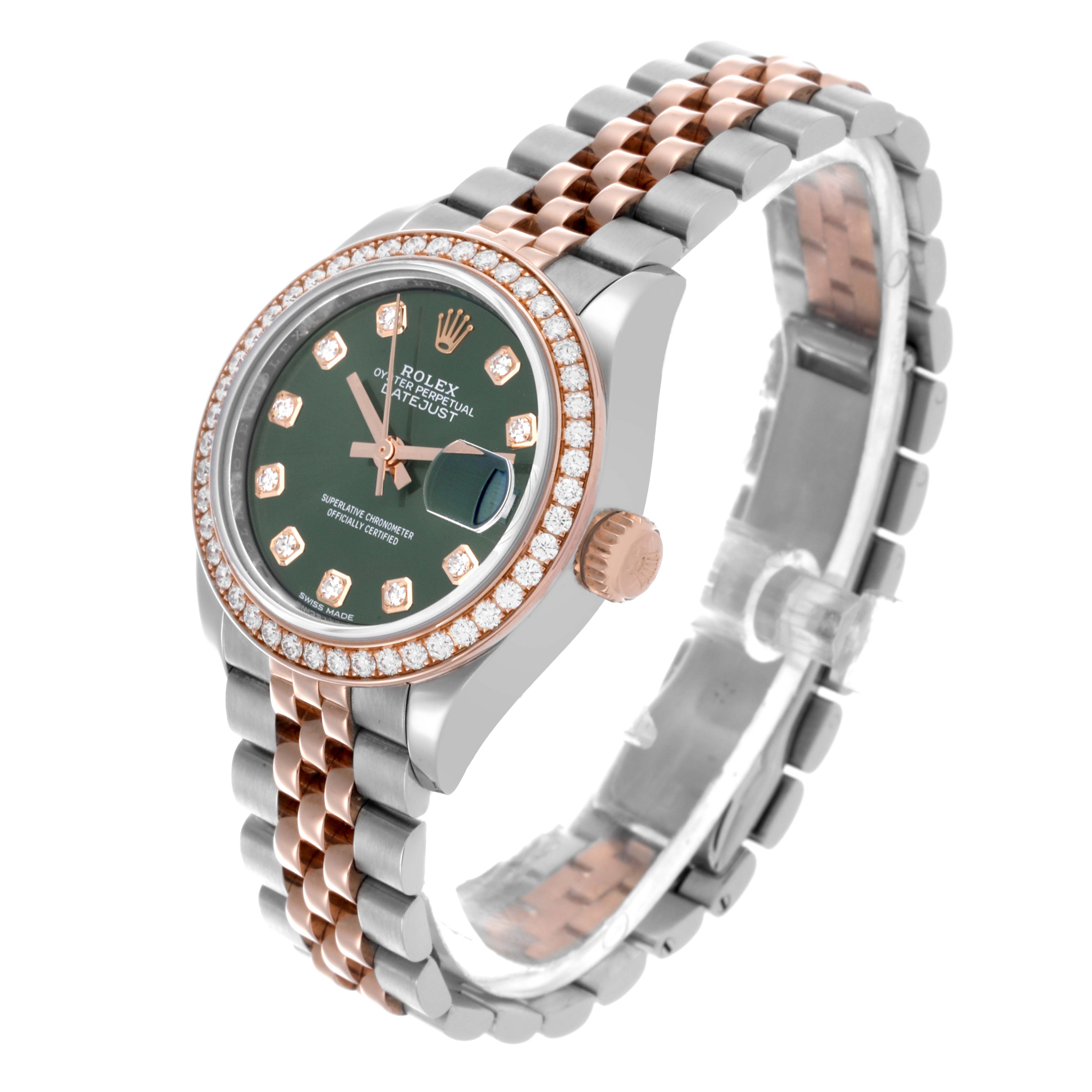 The Rolex Datejust 279381RBR Women's Steel and Gold (two tone) Green Dial 279381RBR Women's Steel and Gold (two tone) Green Dial watch is shown at a three-quarter angle, highlighting the face, bezel, crown, and bracelet.