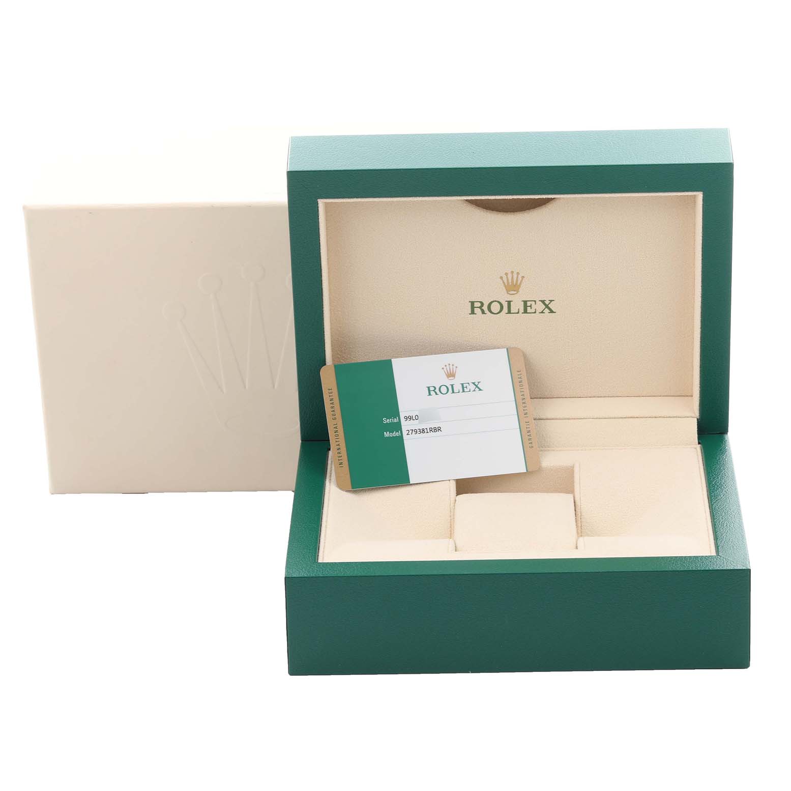The image shows a Rolex Datejust 279381RBR Women's Steel and Gold (two tone) Green Dial 279381RBR Women's Steel and Gold (two tone) Green Dial watch box with an empty interior and a branded card inside.