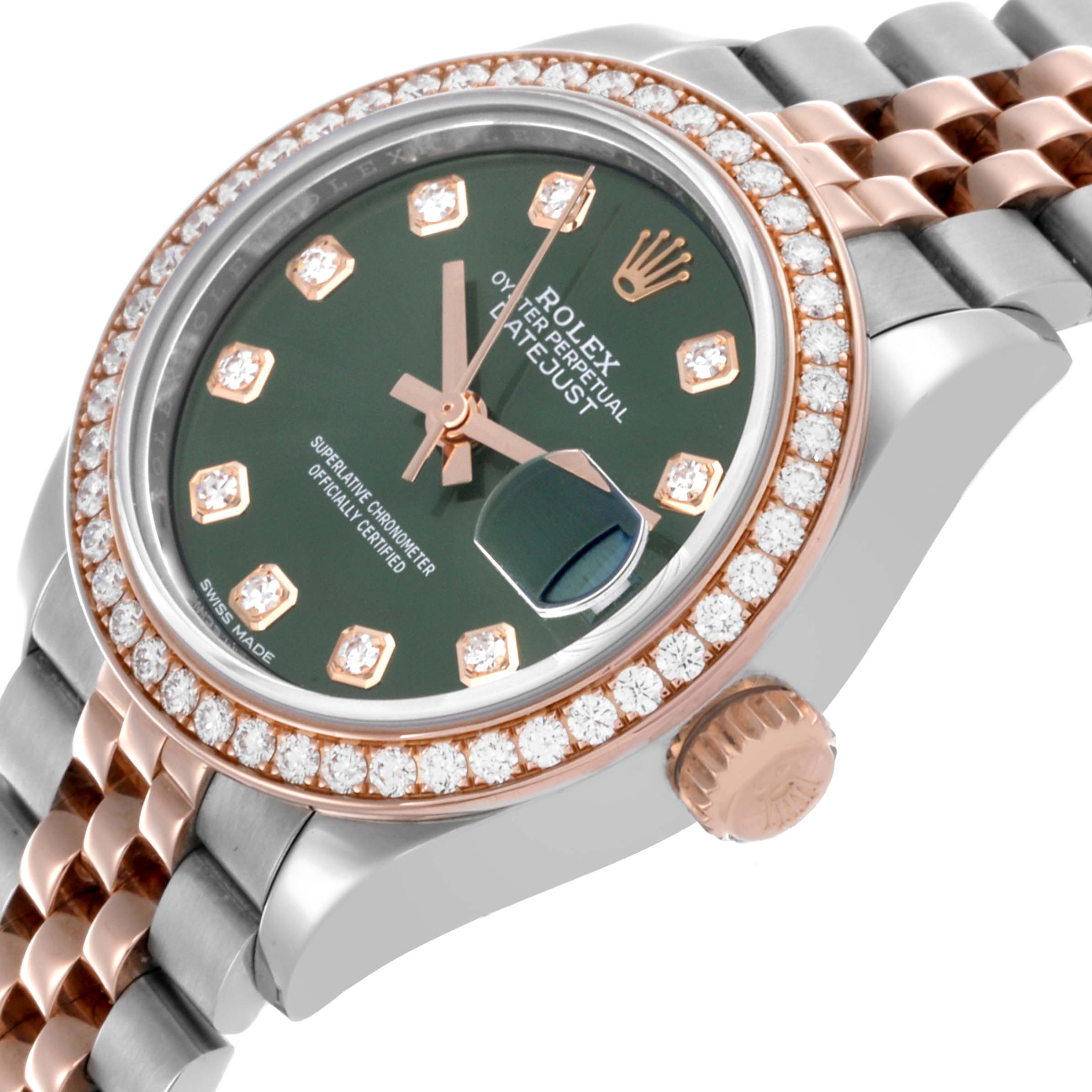 The image shows a Rolex Datejust 279381RBR Women's Steel and Gold (two tone) Green Dial 279381RBR Women's Steel and Gold (two tone) Green Dial at an angled view, highlighting the dial, bezel, and part of the bracelet and crown.