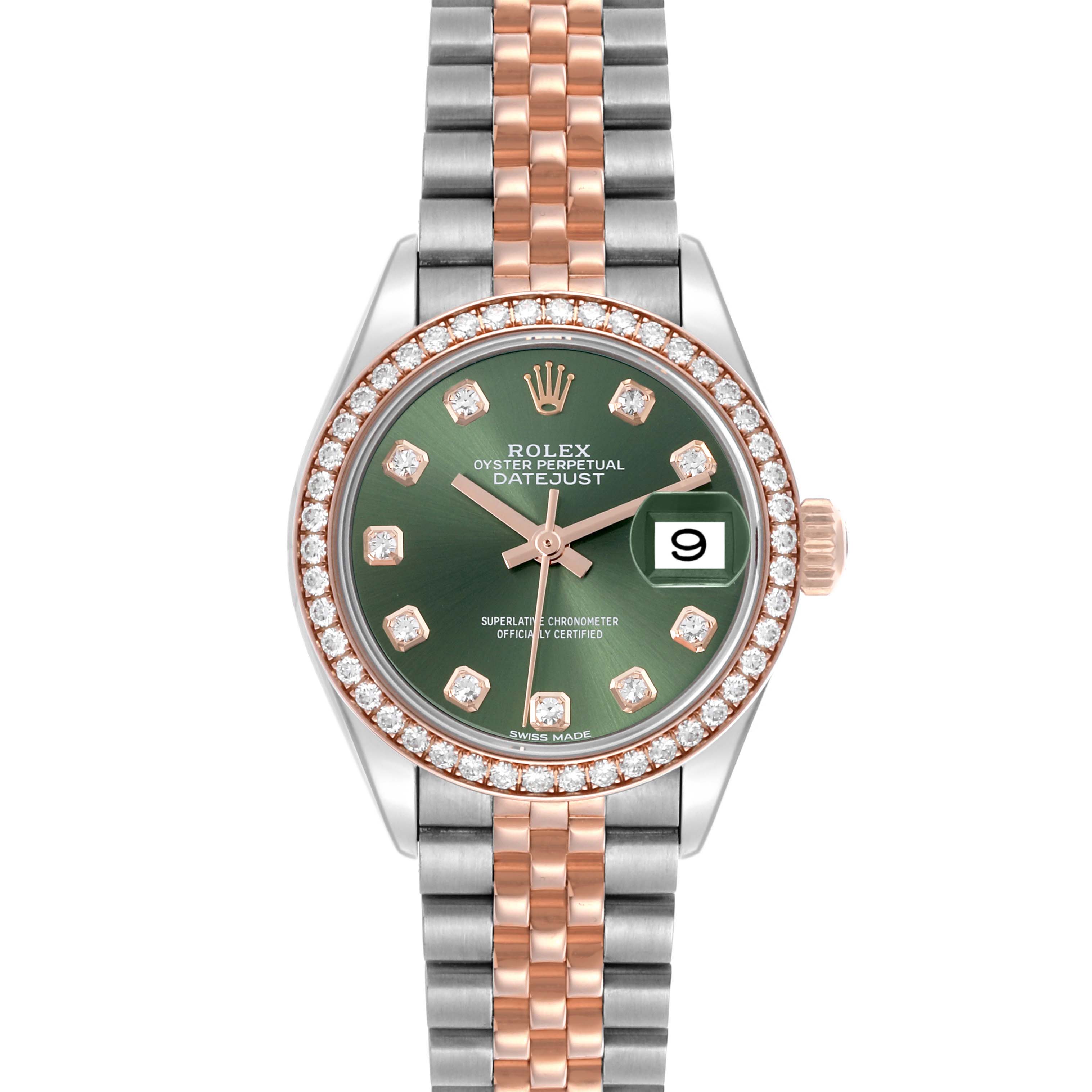 The Rolex Datejust 279381RBR Women's Steel and Gold (two tone) Green Dial 279381RBR Women's Steel and Gold (two tone) Green Dial watch is shown from the front, displaying its green dial, date window, and two-tone bracelet.
