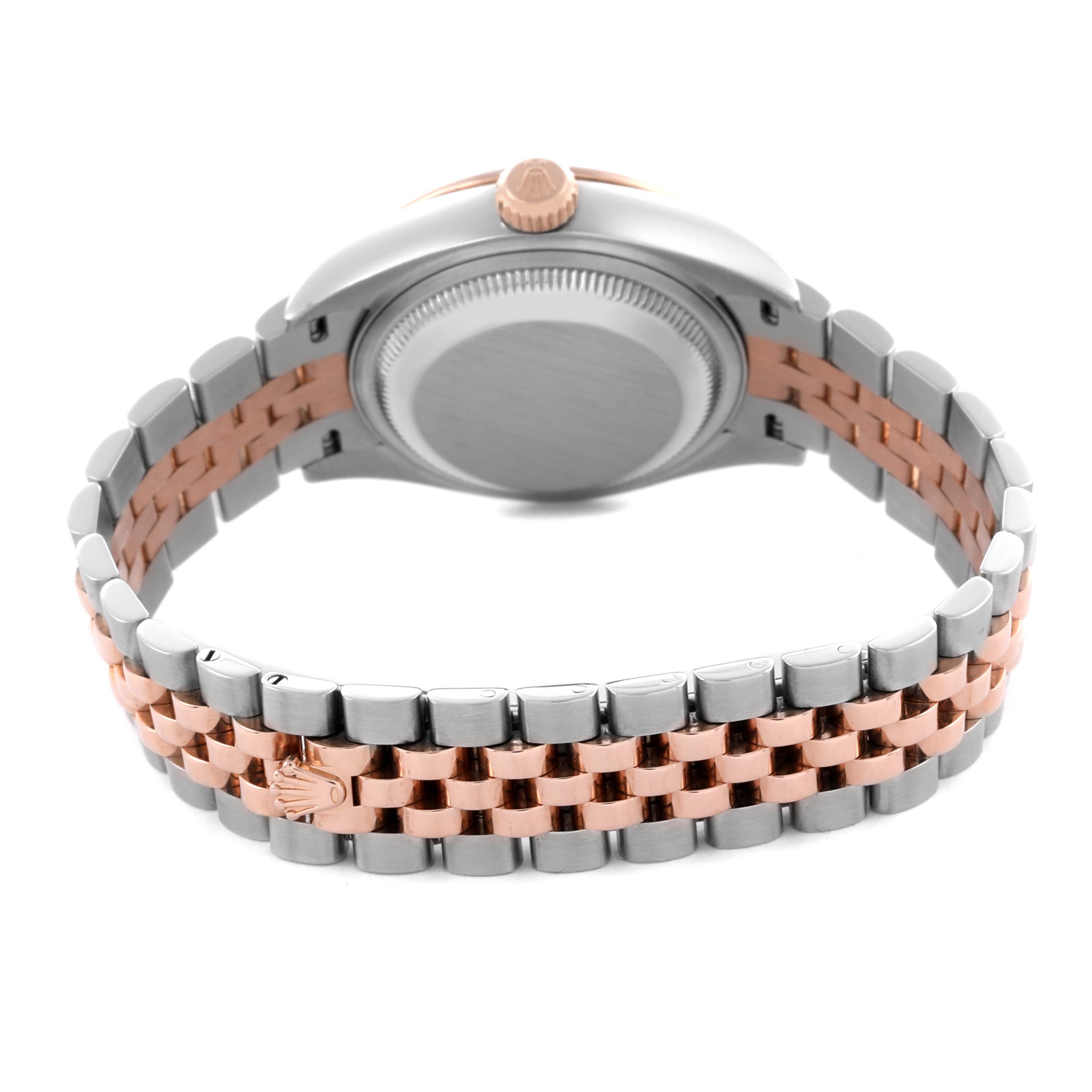 The Rolex Datejust 279381RBR Women's Steel and Gold (two tone) Green Dial 279381RBR Women's Steel and Gold (two tone) Green Dial watch is shown from the back, highlighting the caseback and two-tone bracelet.