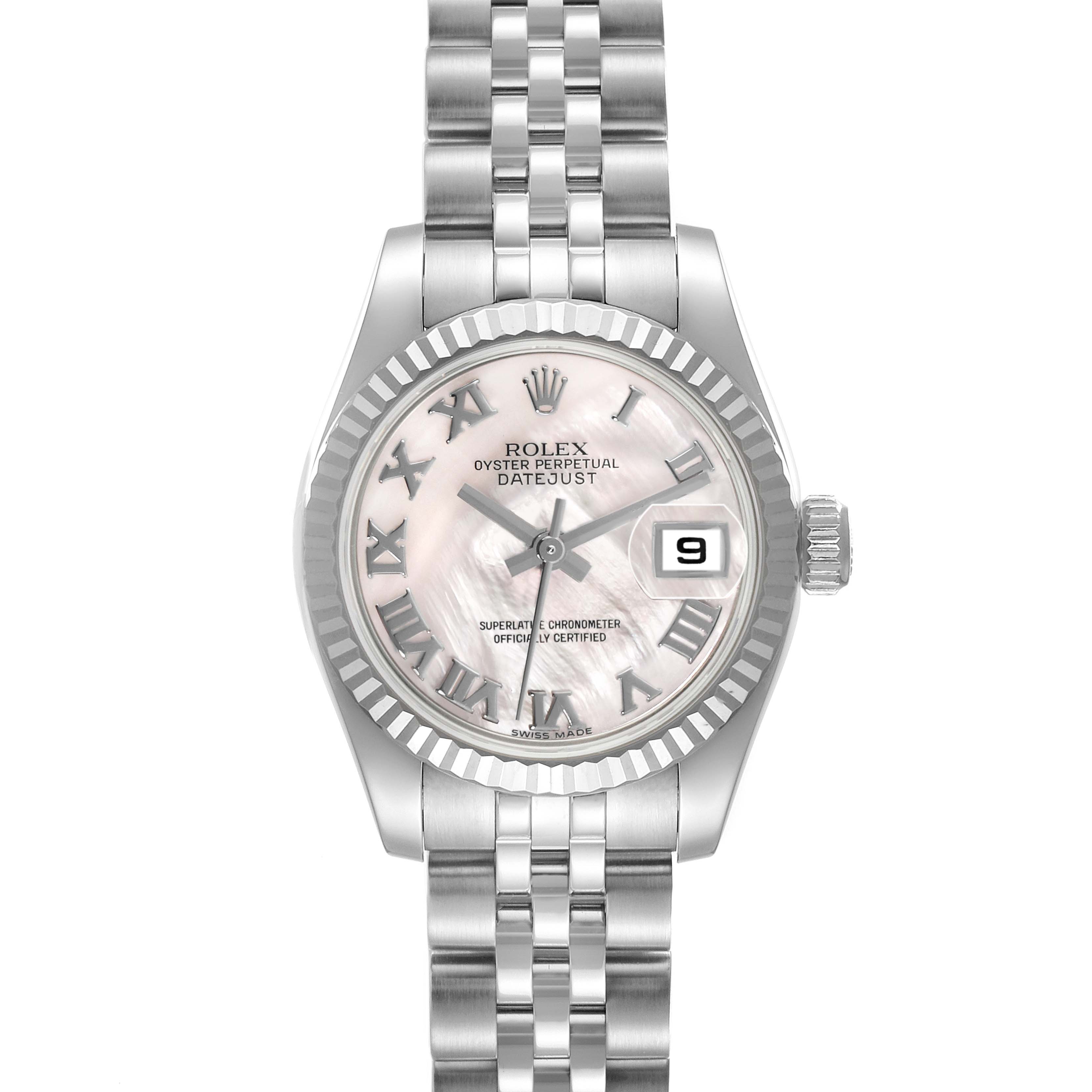 The Rolex Datejust 179174 Women's Stainless Steel Mother of Pearl Dial watch is shown from a front angle, displaying the dial, bezel, bracelet, and date window.