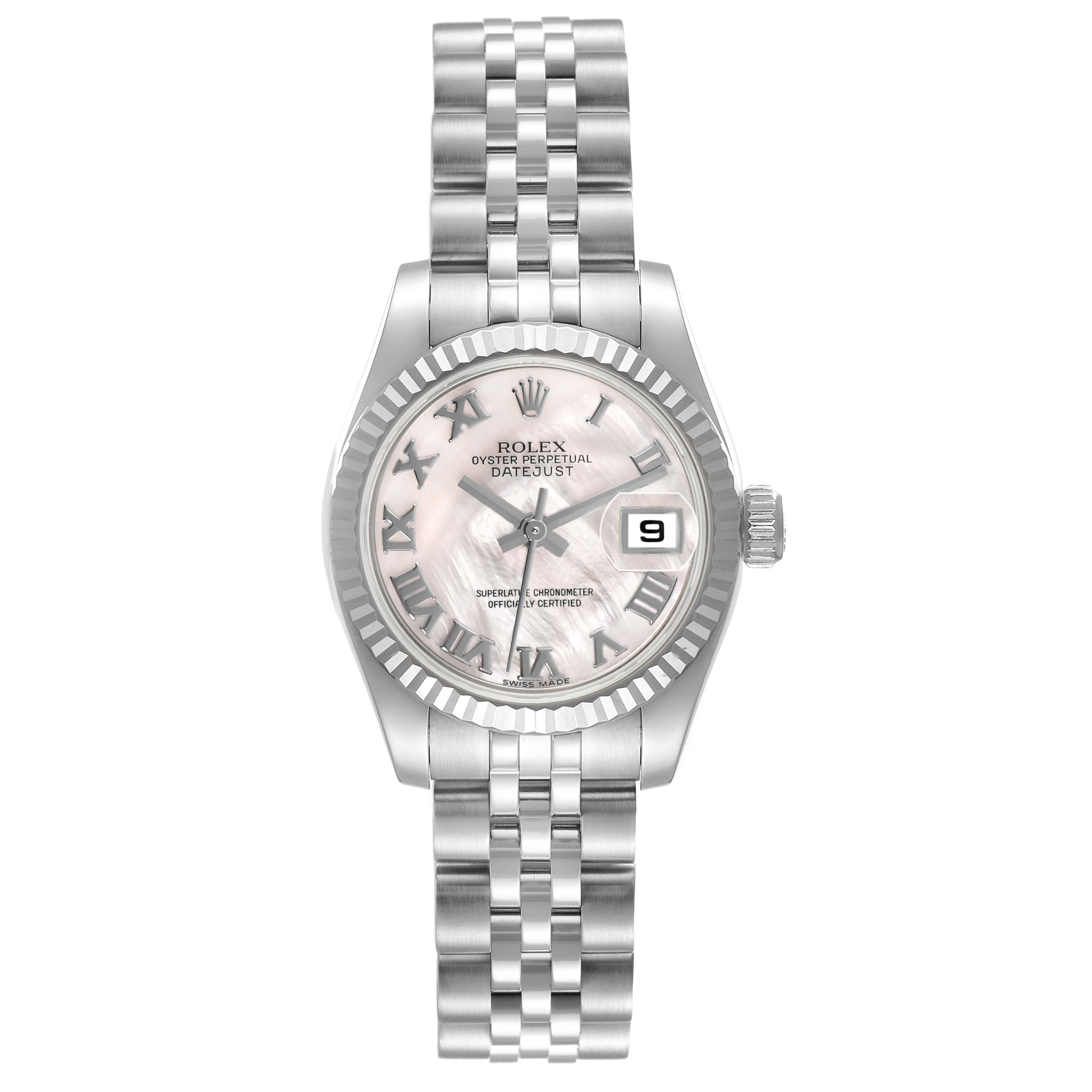 The Rolex Datejust 179174 Women's Stainless Steel Mother of Pearl Dial watch is shown from a front angle highlighting the stainless steel bracelet, face, and date feature.