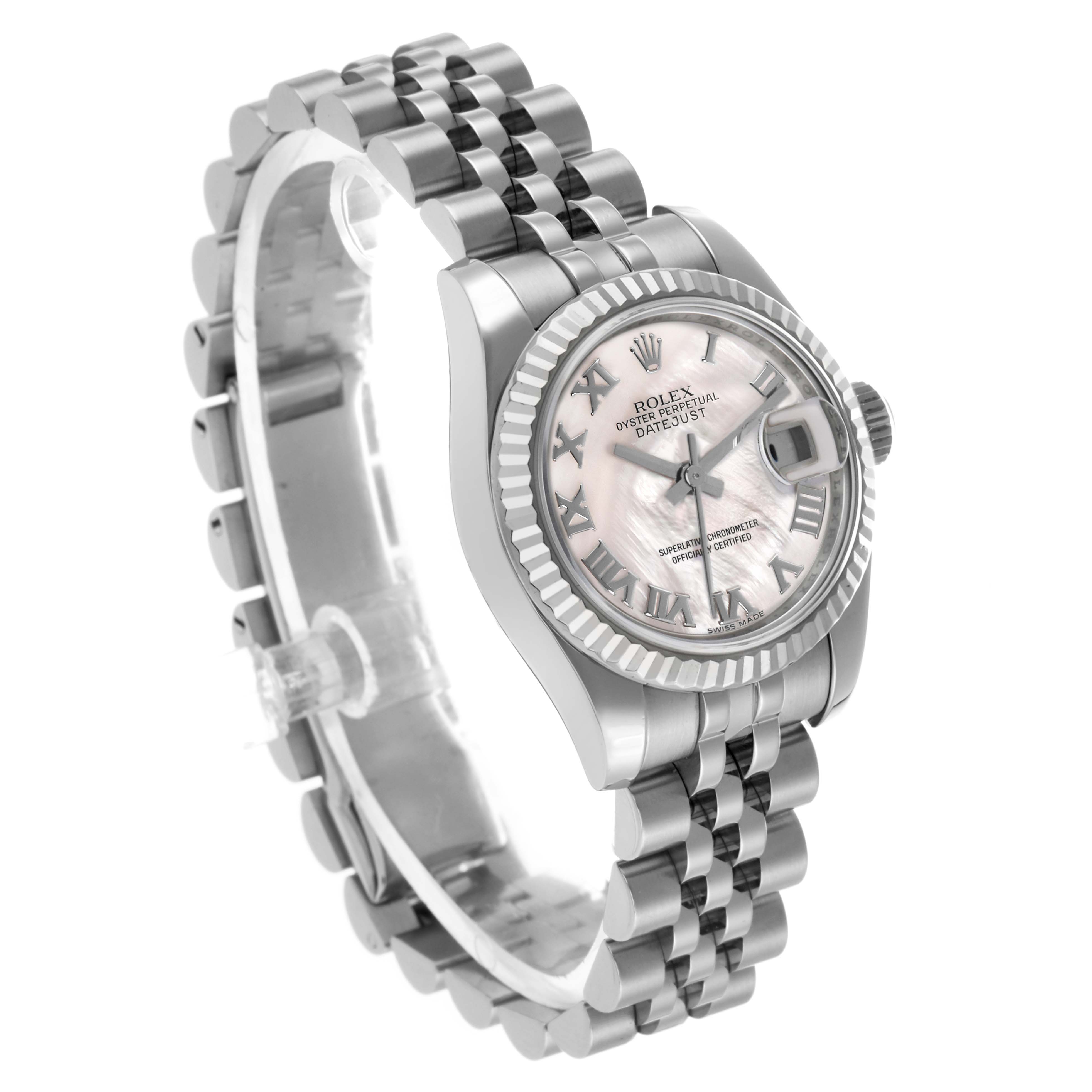 The Rolex Datejust 179174 Women's Stainless Steel Mother of Pearl Dial watch is shown at a three-quarter angle, highlighting the dial, bracelet, and fluted bezel.