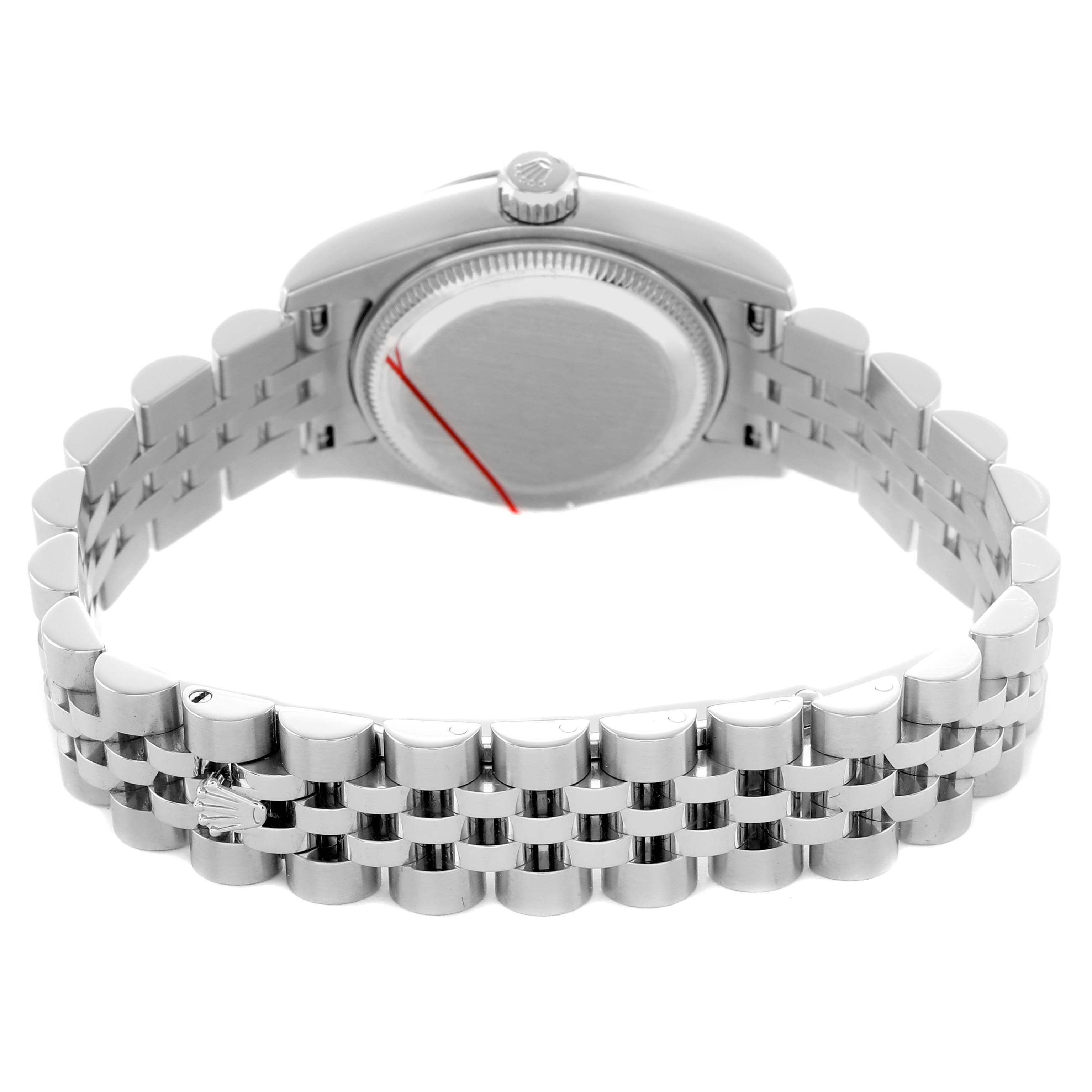 The image shows the back and bracelet of a Rolex Datejust 179174 Women's Stainless Steel Mother of Pearl Dial watch, displaying the case back and jubilee bracelet from a rear angle.