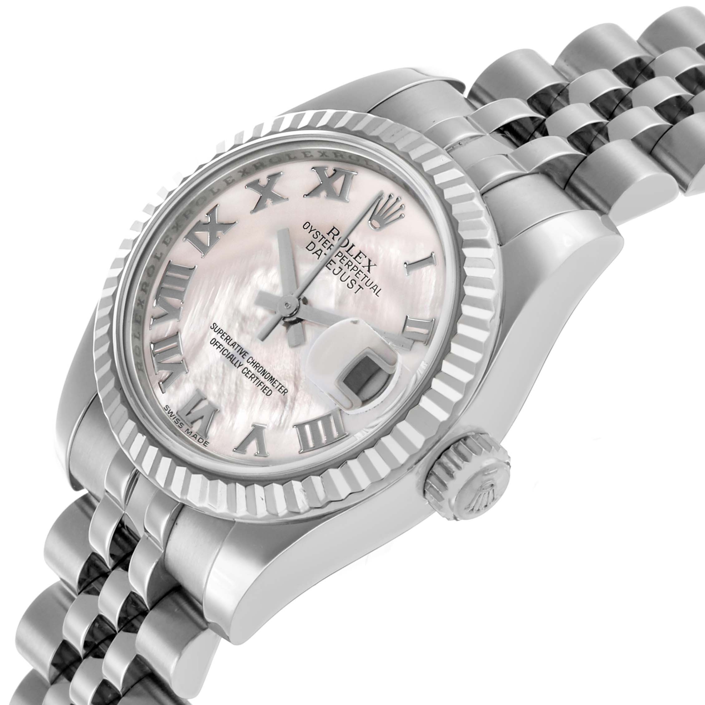 The image shows a Rolex Datejust 179174 Women's Stainless Steel Mother of Pearl Dial watch at a slight angle displaying the face, bezel, crown, and part of the bracelet.