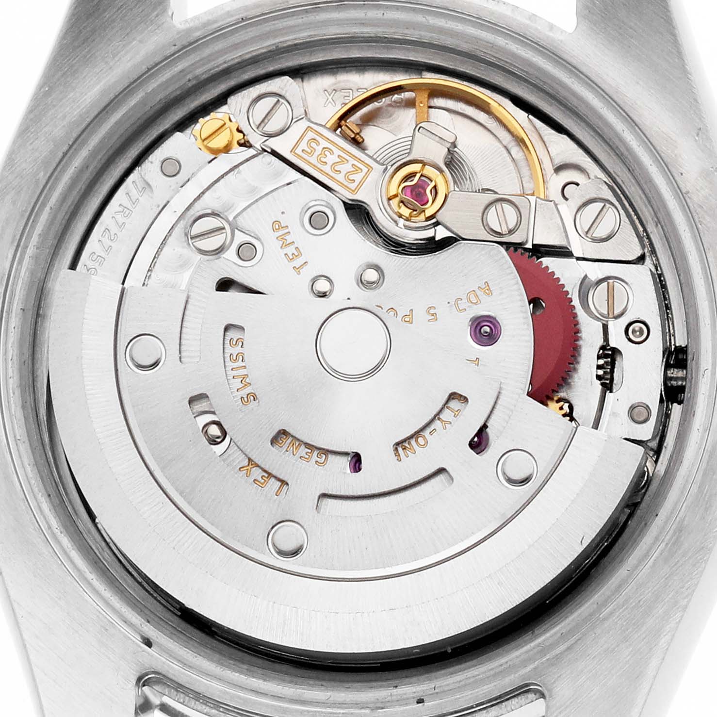 The image shows the inner mechanism of a Rolex Datejust 179174 Women's Stainless Steel Mother of Pearl Dial watch from a back view, highlighting its movement components.