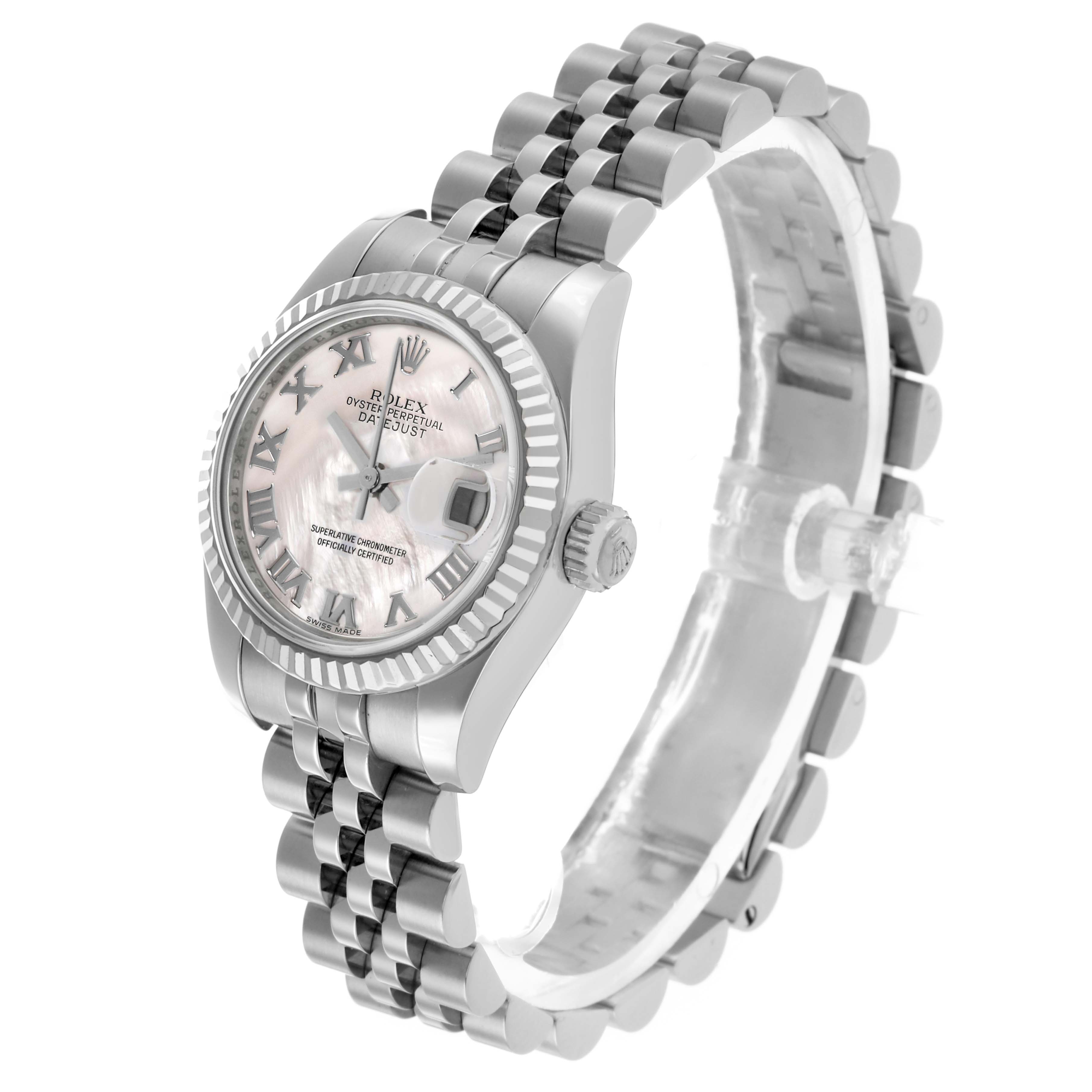 The Rolex Datejust 179174 Women's Stainless Steel Mother of Pearl Dial watch is shown at an angled side view, displaying the dial, bezel, bracelet, and crown.